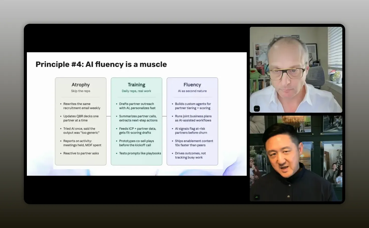 AI fluency muscle model slide: atrophy, training, and fluency for partner teams
