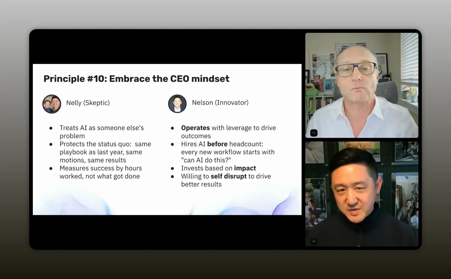 Screenshot of Principle #10: Embrace the CEO mindset slide with bullet points on leverage and self-disruption