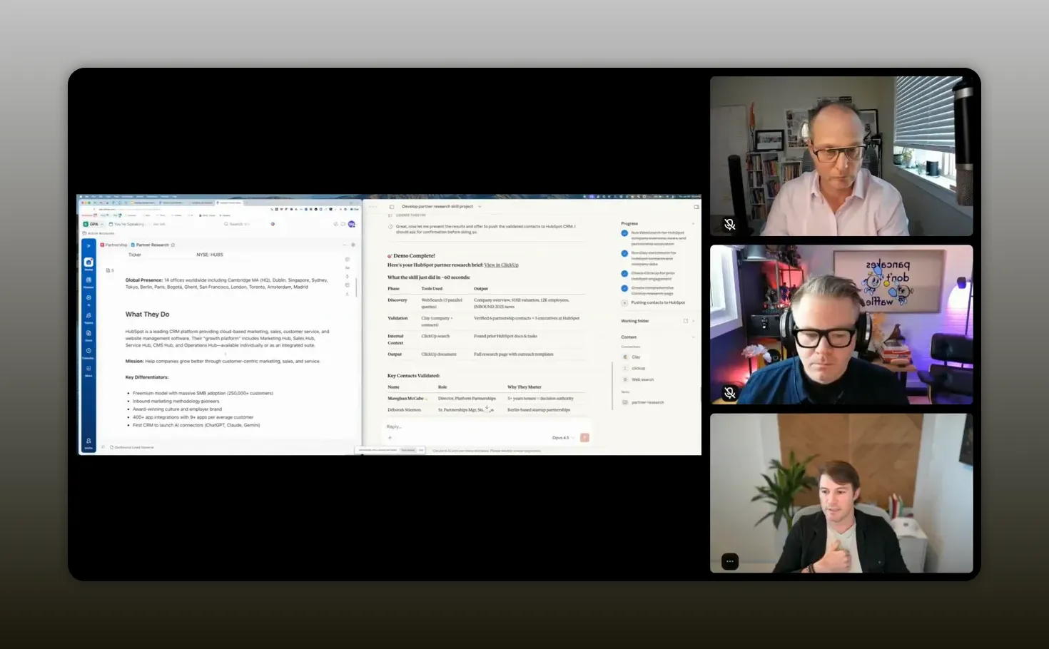 Claude Co-Work partnership research demo output with structured company information and validated contacts.