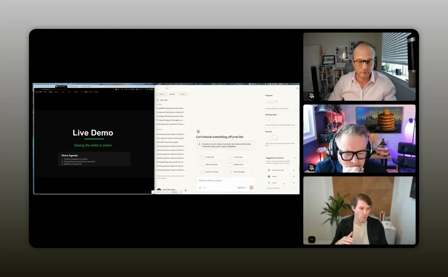 Claude Co-Work live demo screenshot showing the partner research workflow and skill steps