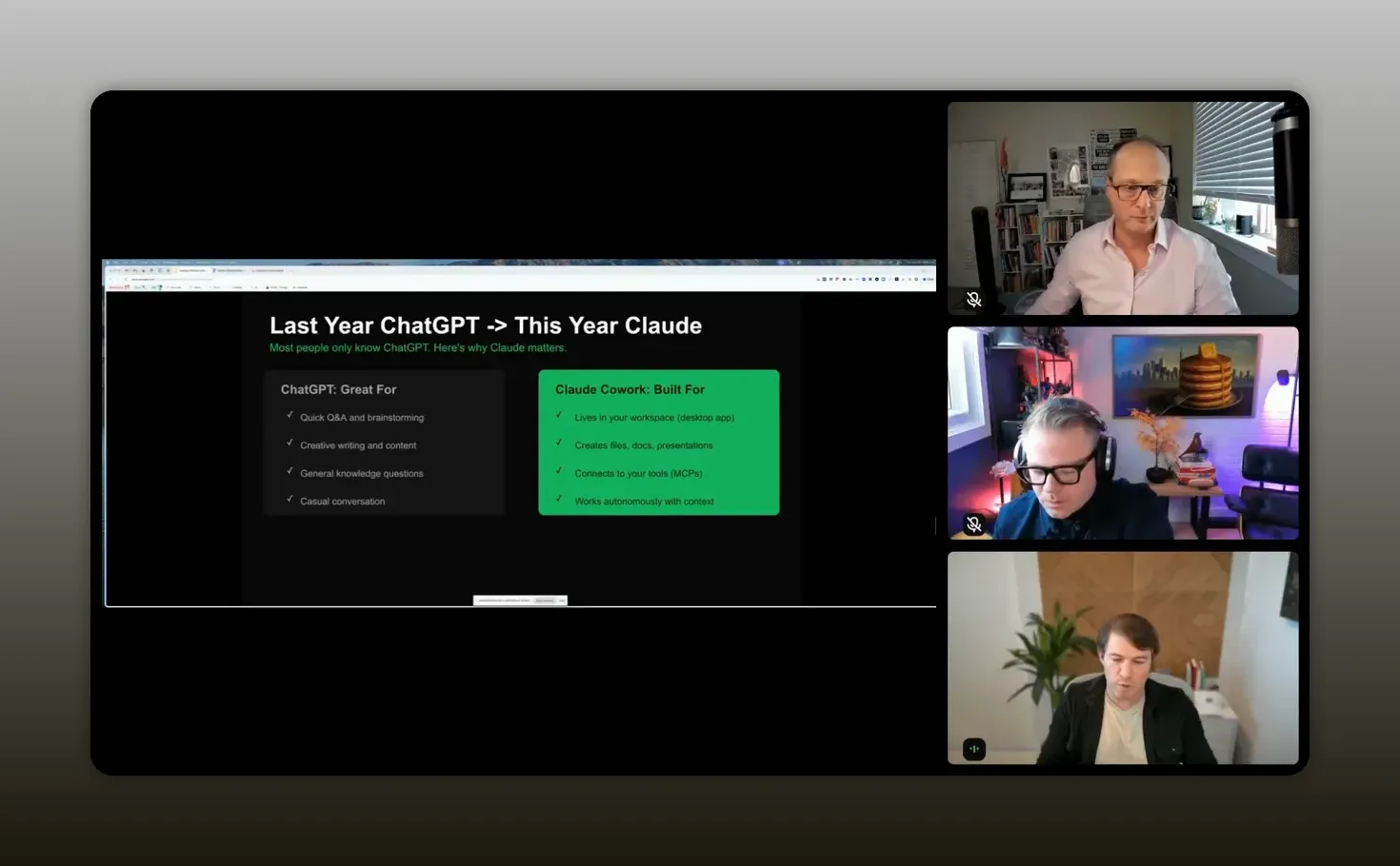 Slide comparing ChatGPT for quick conversation with Claude Co-Work built for workspace automation and tool connections
