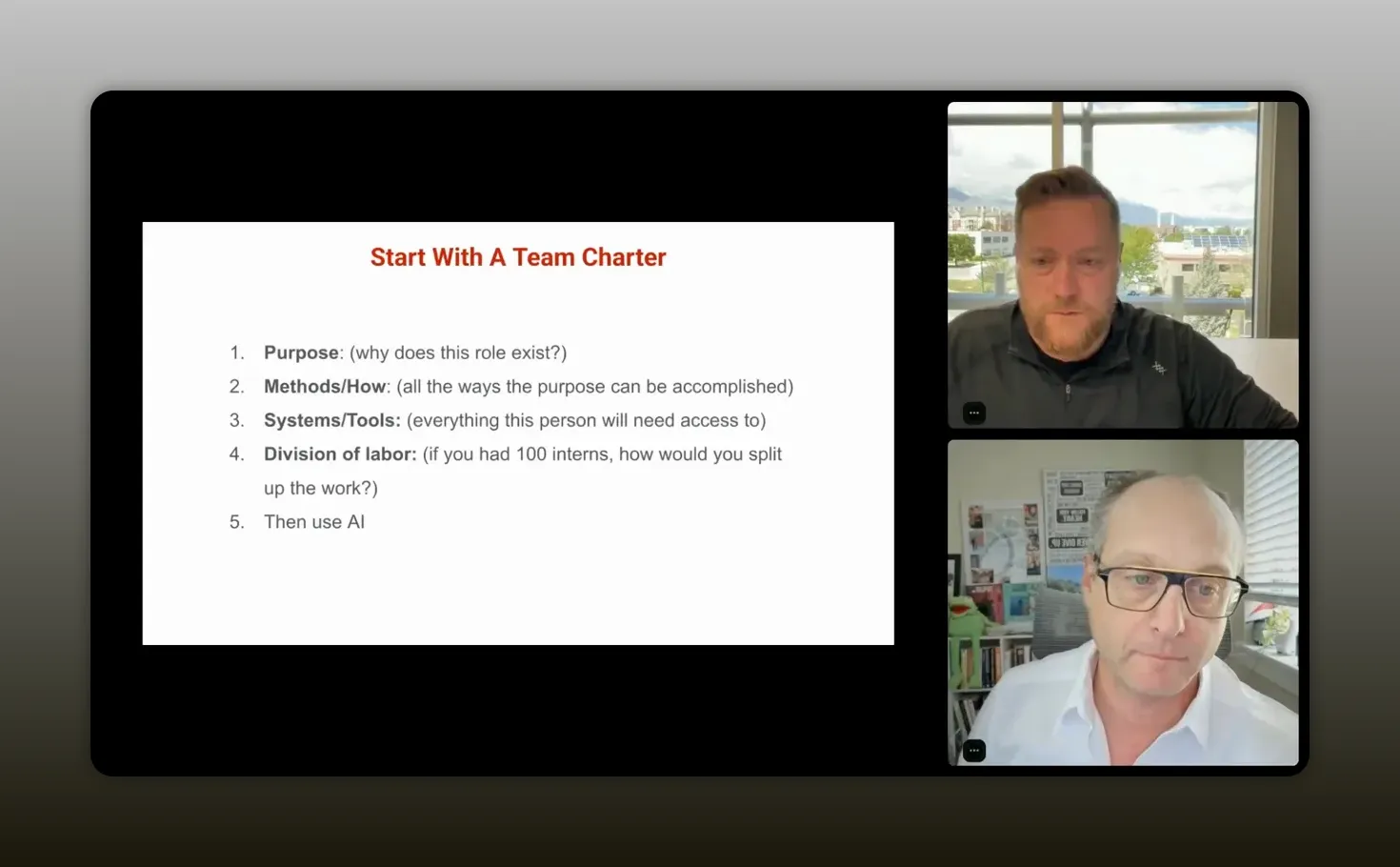 Slide titled “Start With A Team Charter” listing five steps: Purpose, Methods/How, Systems/Tools, Division of labor, then use AI.