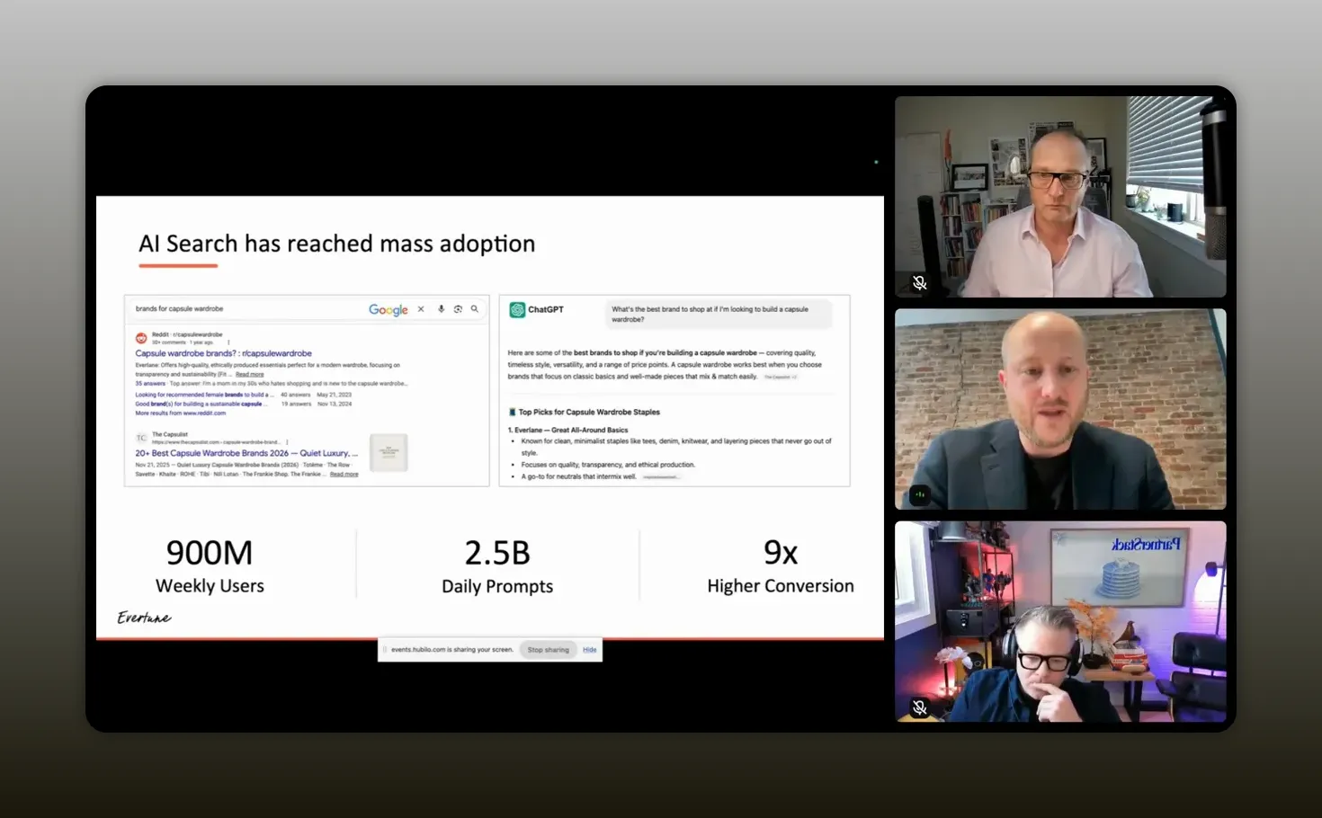 Screenshot of AI Search mass adoption slide including weekly users, daily prompts, and conversion multiplier