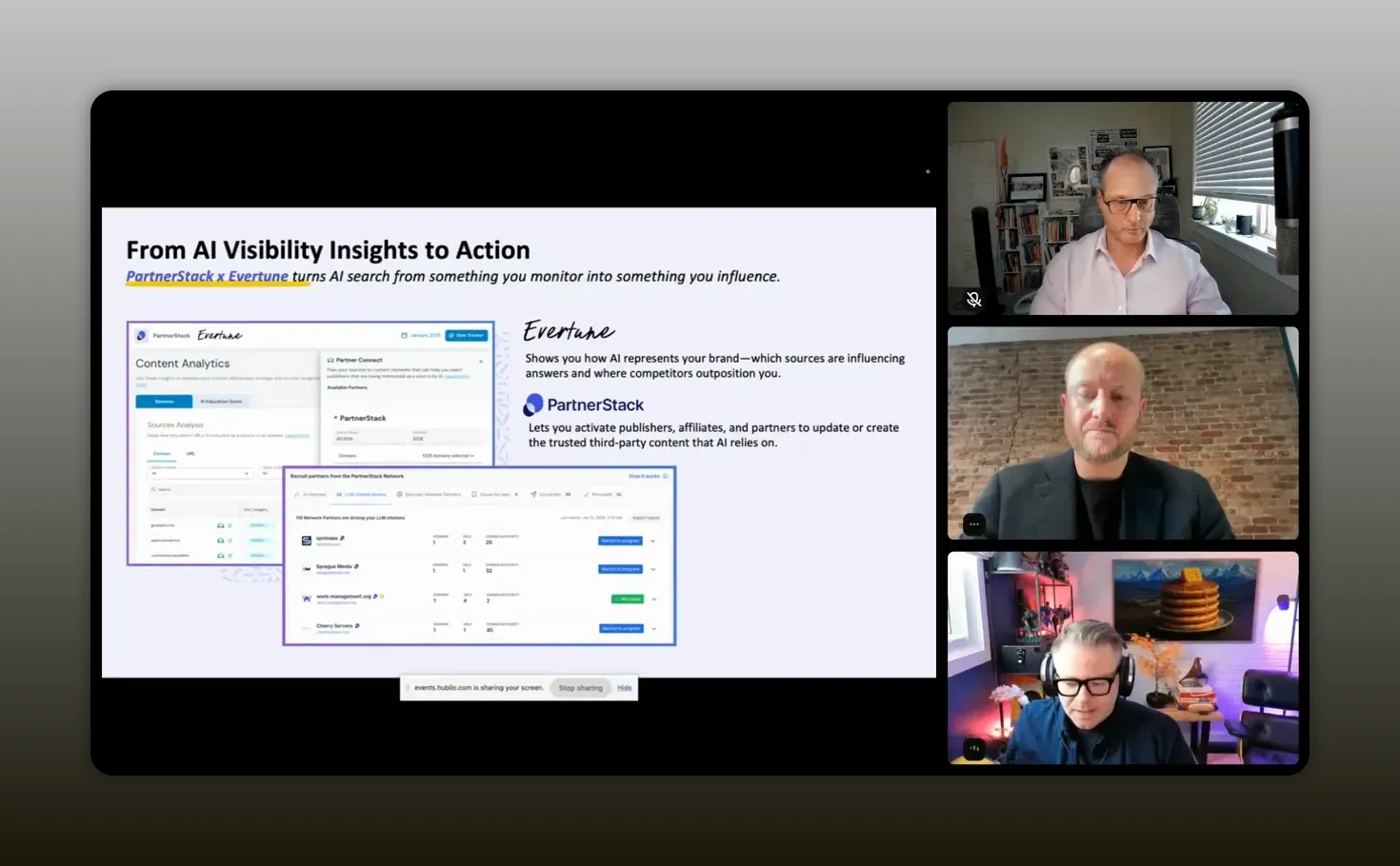 Screenshot showing EverTune and PartnerStack slides during a discussion on changing how LLMs talk about a brand through partner content