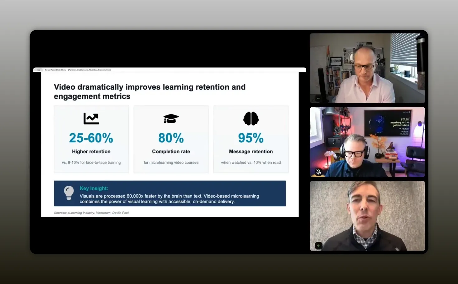 Slide showing video improves learning retention and engagement metrics with 25–60% higher retention, 80% completion rate, and 95% message retention
