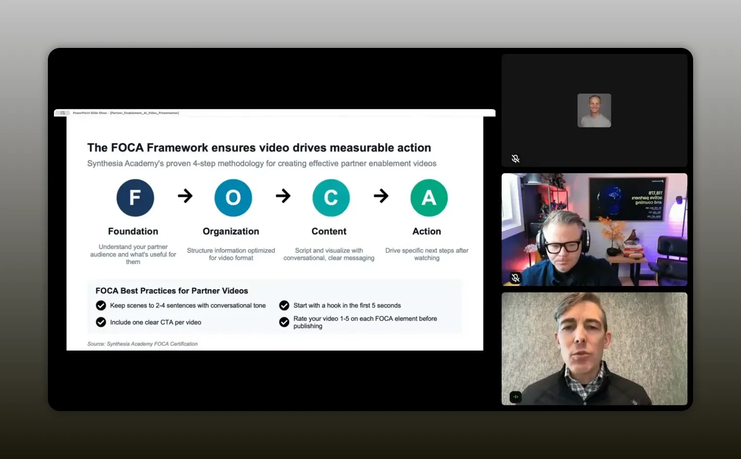 FOCA Best Practices and FOCUS framework slide showing clear CTA per video to drive action