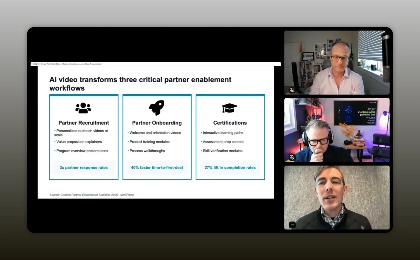 Slide showing how AI video transforms partner recruitment, onboarding, and certifications with retention and completion improvements