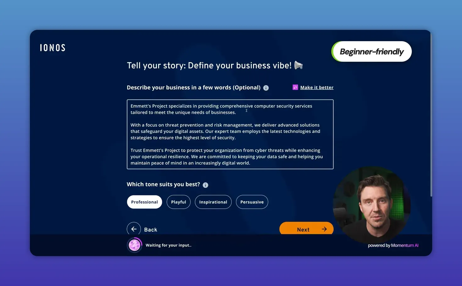 Giao diện IONOS yêu cầu mô tả doanh nghiệp để tạo website bằng AI