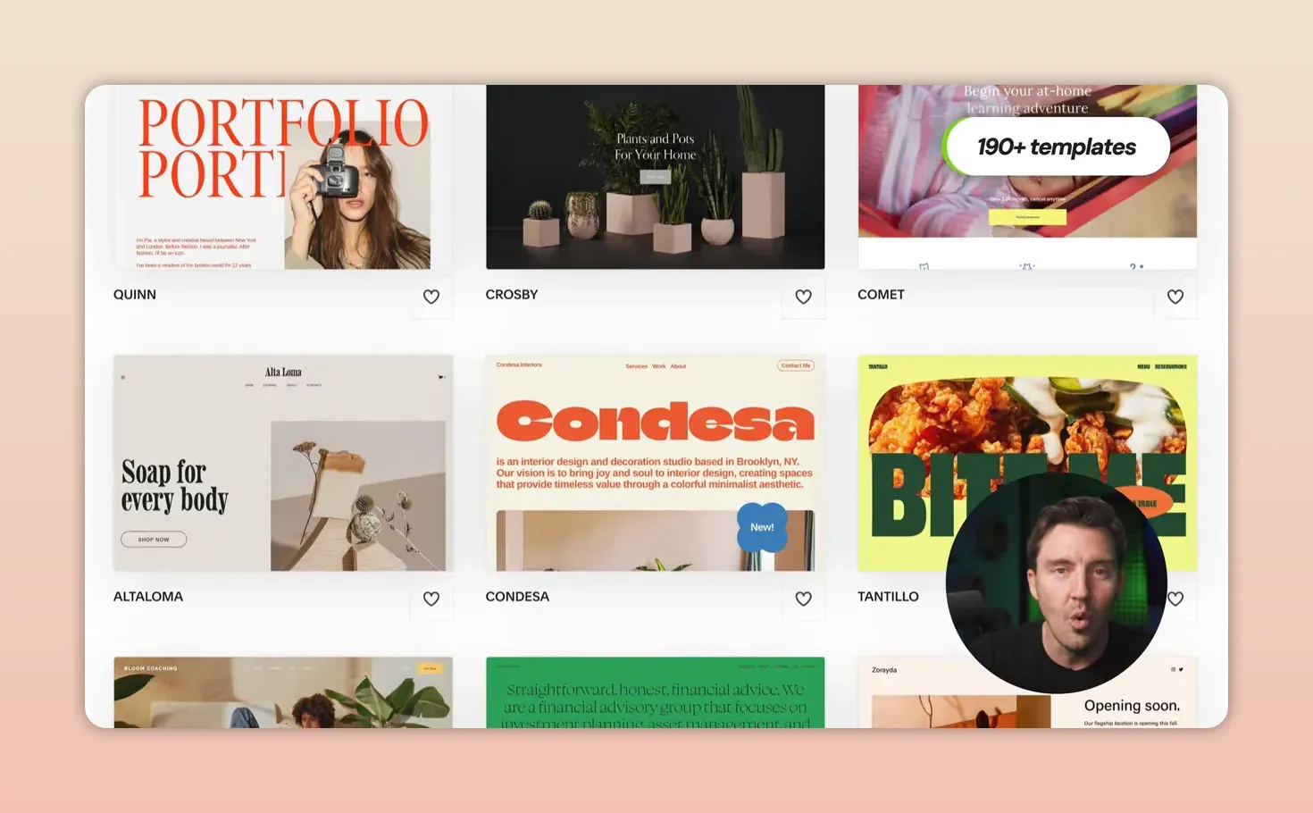 Lưới nhiều mẫu giao diện Squarespace với hình ảnh và kiểu chữ đa dạng