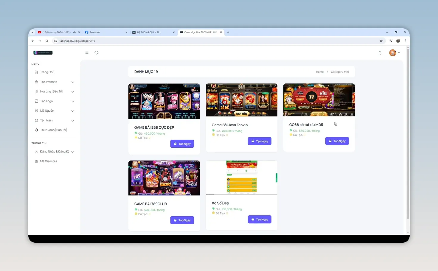 Lưới mẫu giao diện shop game với ảnh minh họa và các nút chọn màu tím