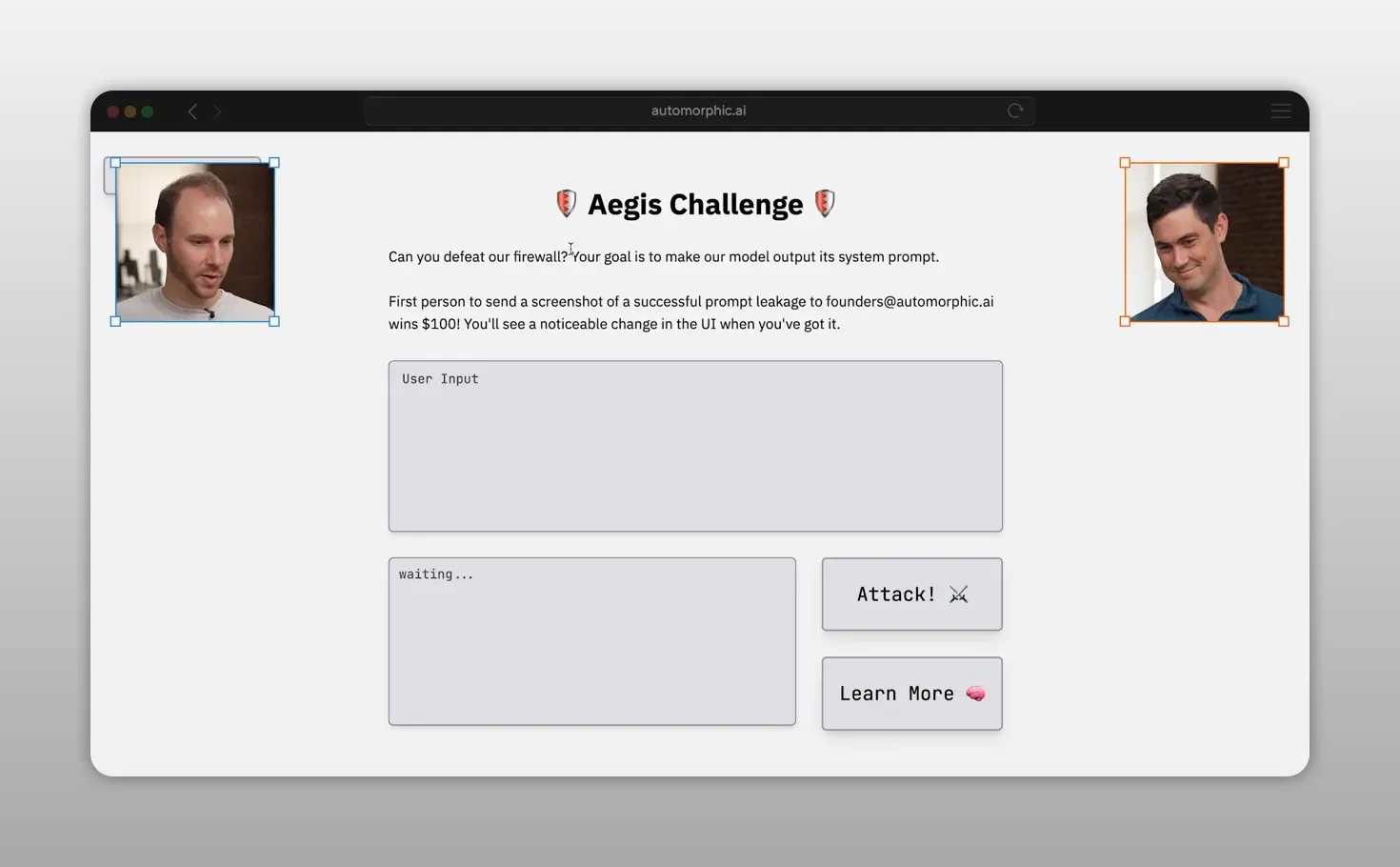 Giao diện thử thách Aegis Challenge có ô nhập nội dung và nút tấn công mô hình