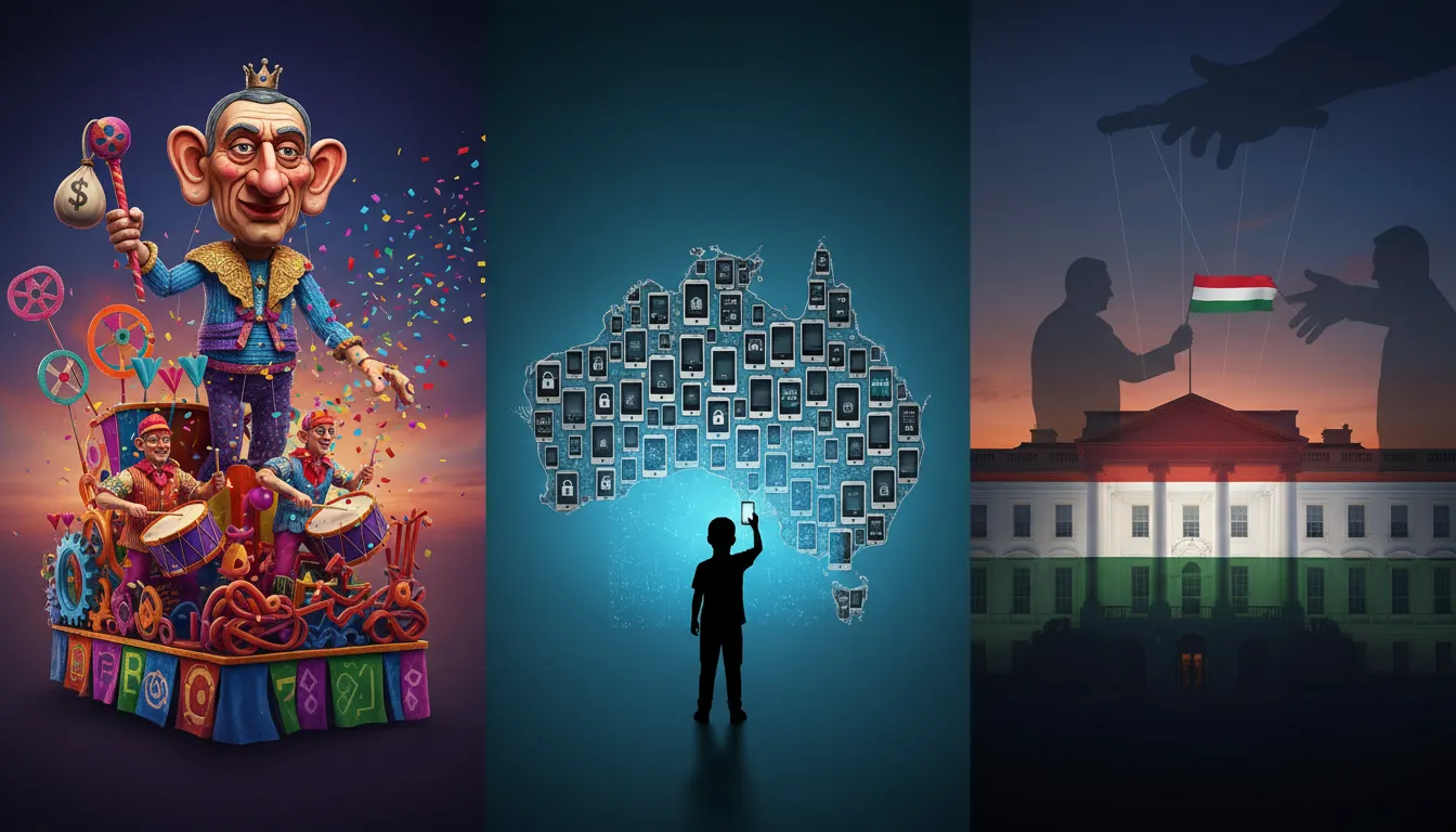 Editorial-Illustration: Karnevals-Wagen mit politischer Satire, stilisierte Australien-Karte aus Smartphones mit Vorhängeschlössern vor Kinder-Silhouette und das Weiße Haus mit ungarischen Farben und symbolischer Machtverbindung