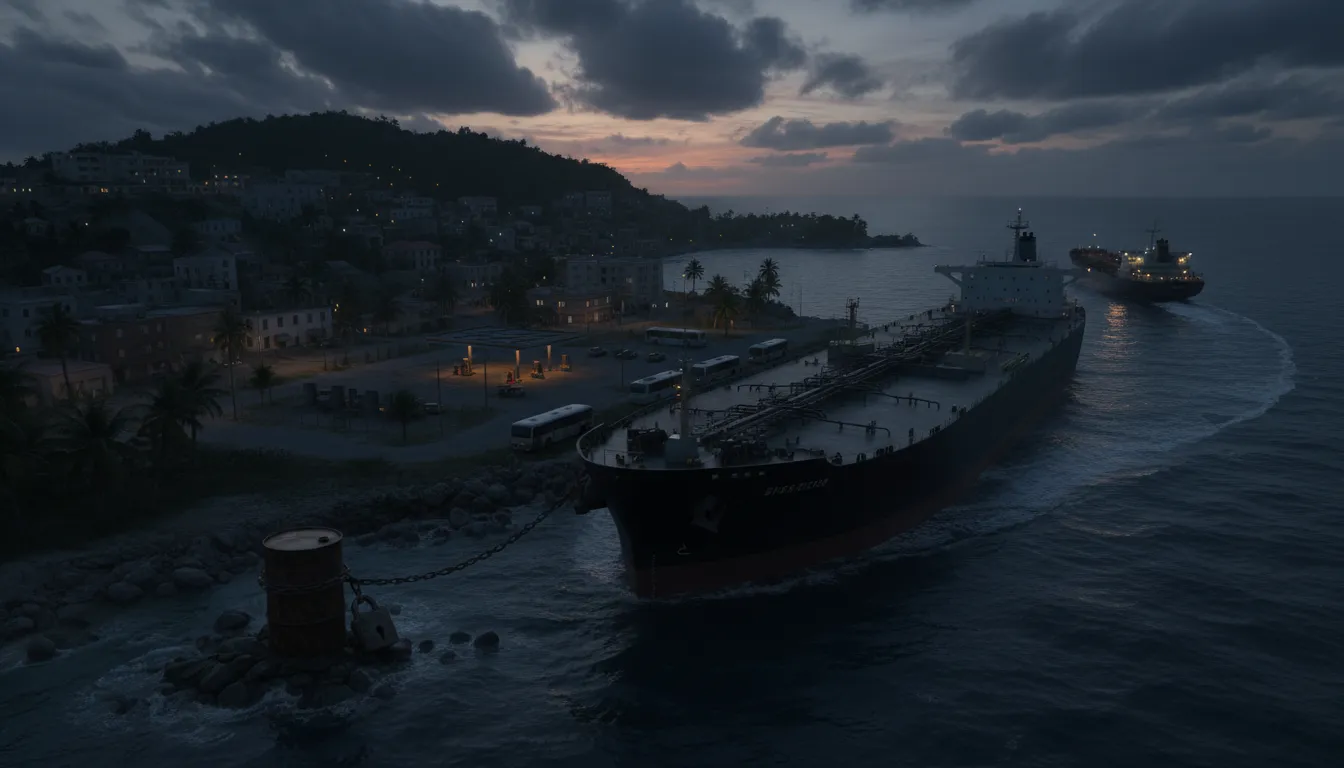 Luftaufnahme einer Inselstadt: ein großer Öltanker blockiert den Hafen, im Hintergrund dunkle Viertel mit Stromausfällen, leere Tankstellen und abgestellte Busse