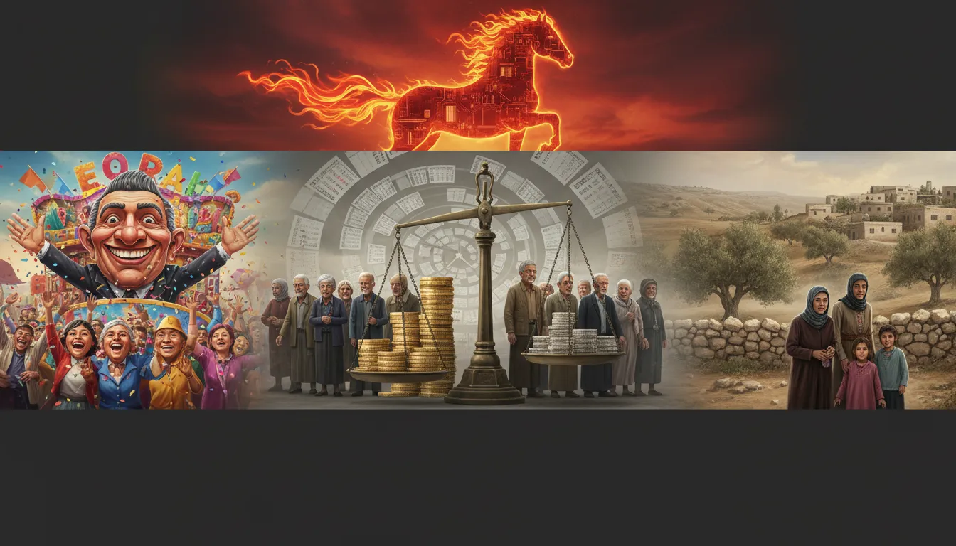 Editorial-Collage: satirischer Rosenmontagswagen mit karikaturhaftem Machthaber links, in der Mitte ältere Menschen neben einer Waage mit Münzstapeln als Symbol der Rentendebatte, rechts eine Hügel-Landschaft im Westjordanland mit Olivenbäumen und einer verunsicherten Familie; im Himmel eine stilisierte, feurige Pferde-Silhouette mit Technologie-Motiven für das Jahr des Feuerpferds.