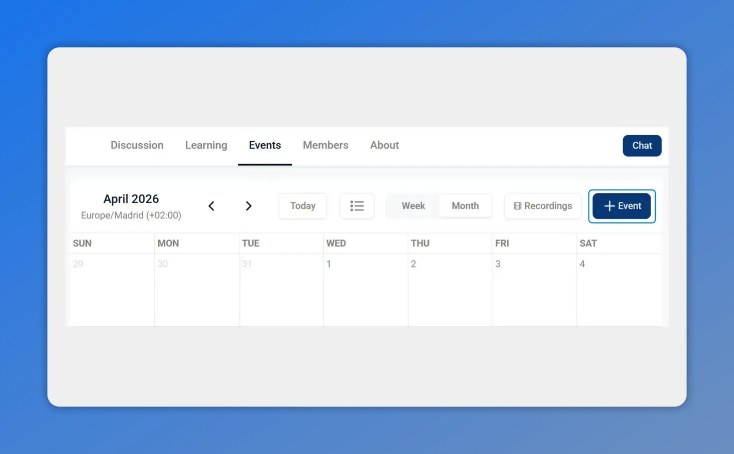 Community Events calendar view with + Event button highlighted