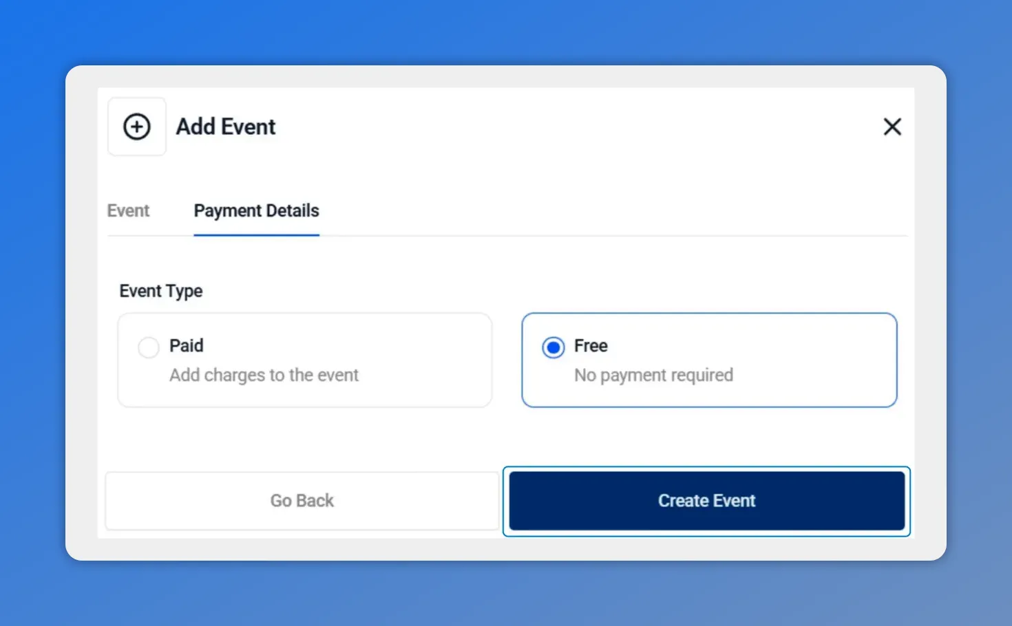 Add Event modal with payment details and Create Event button