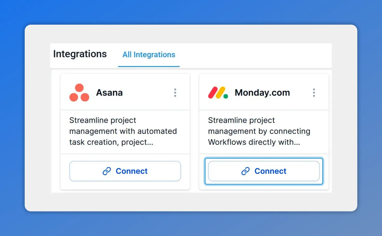 CRM integrations screen with Asana and Monday.com cards and a Connect button on the Monday.com card.