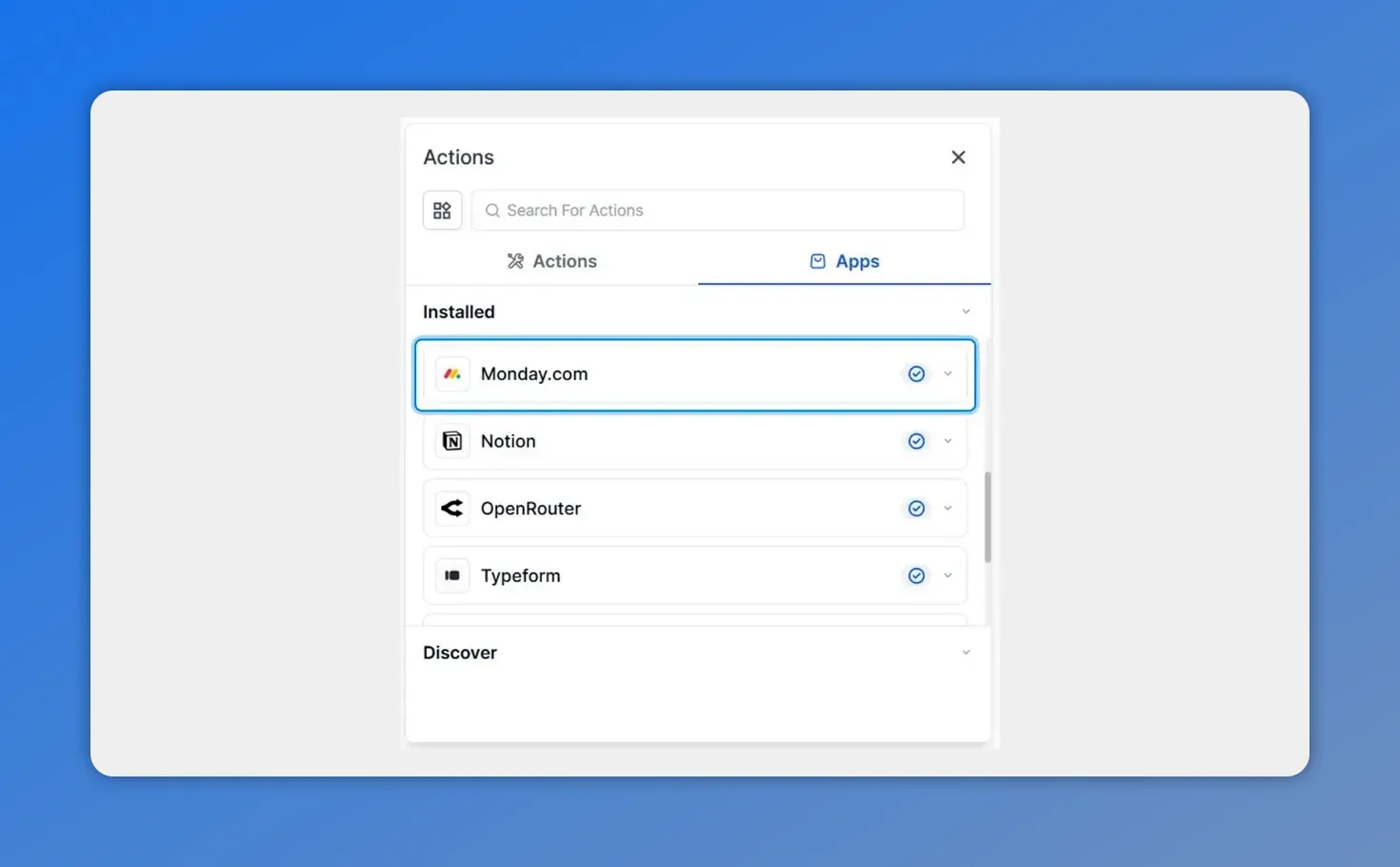 Workflow builder Apps panel with Monday.com highlighted in the installed apps list.