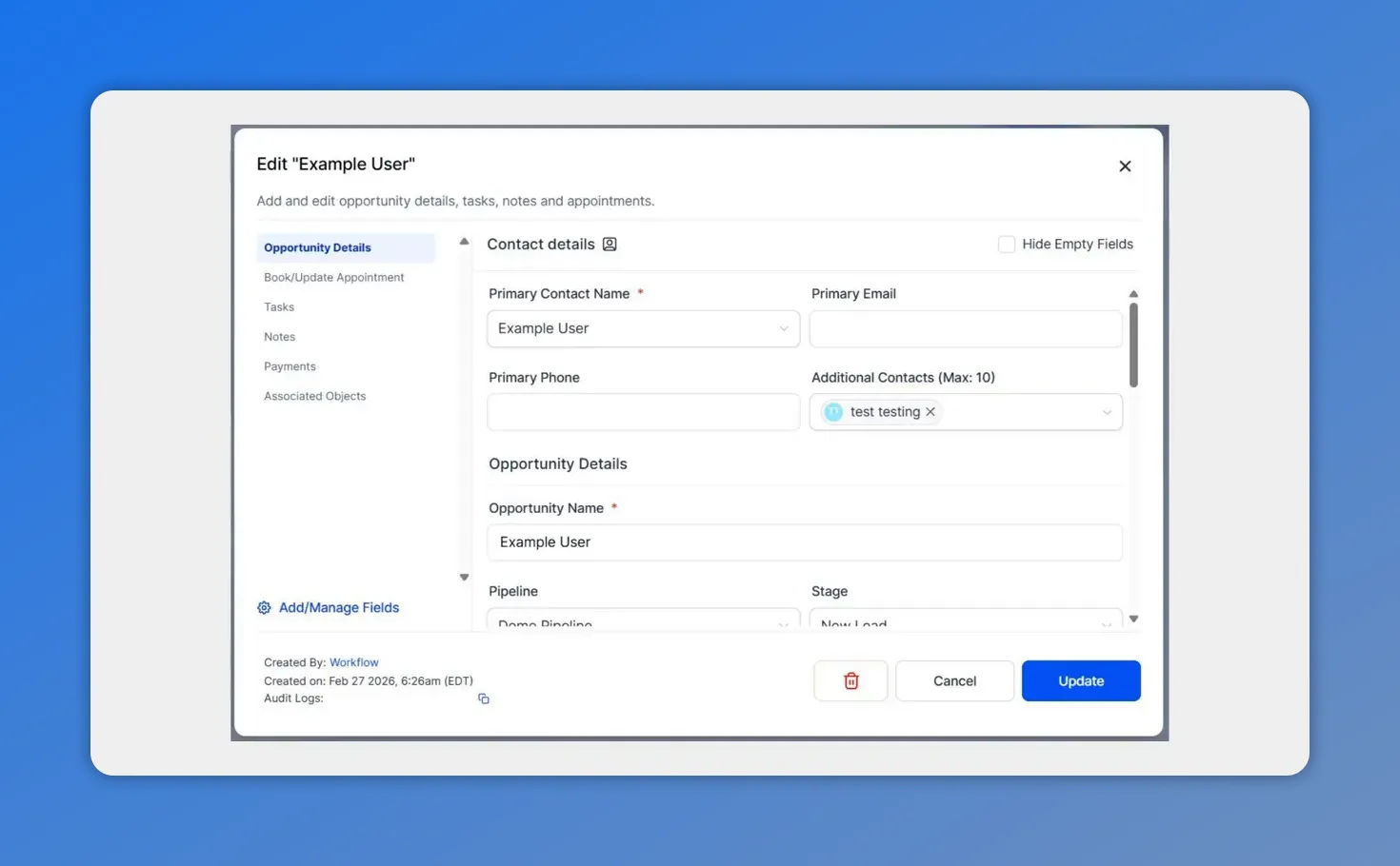 Opportunity details edit view showing Example User, pipeline and stage fields, and Update button