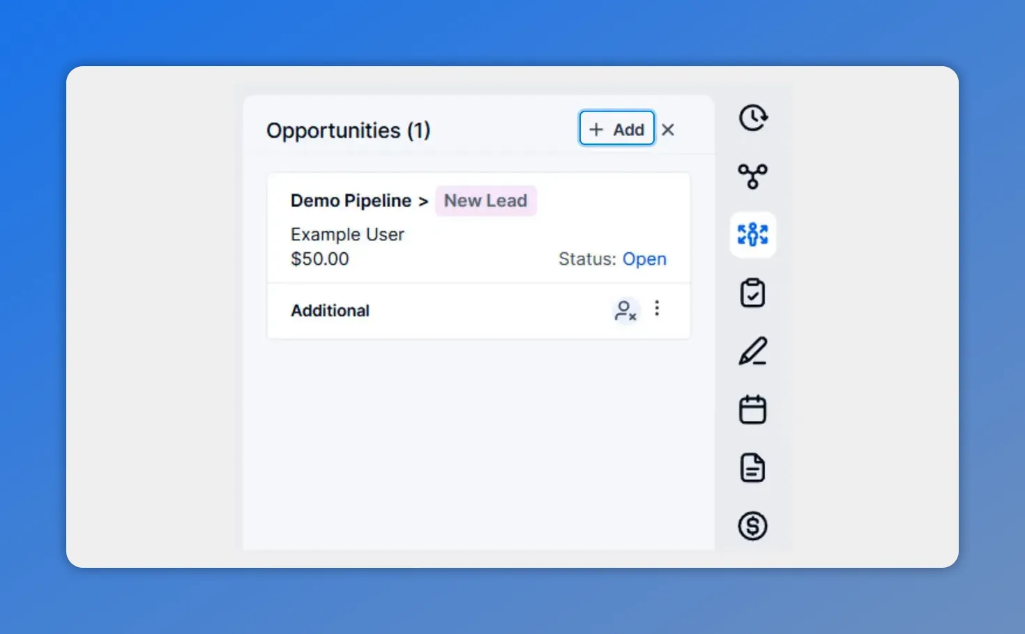 Contact record right panel showing an Opportunities tab with an opportunity card and status Open plus Add button