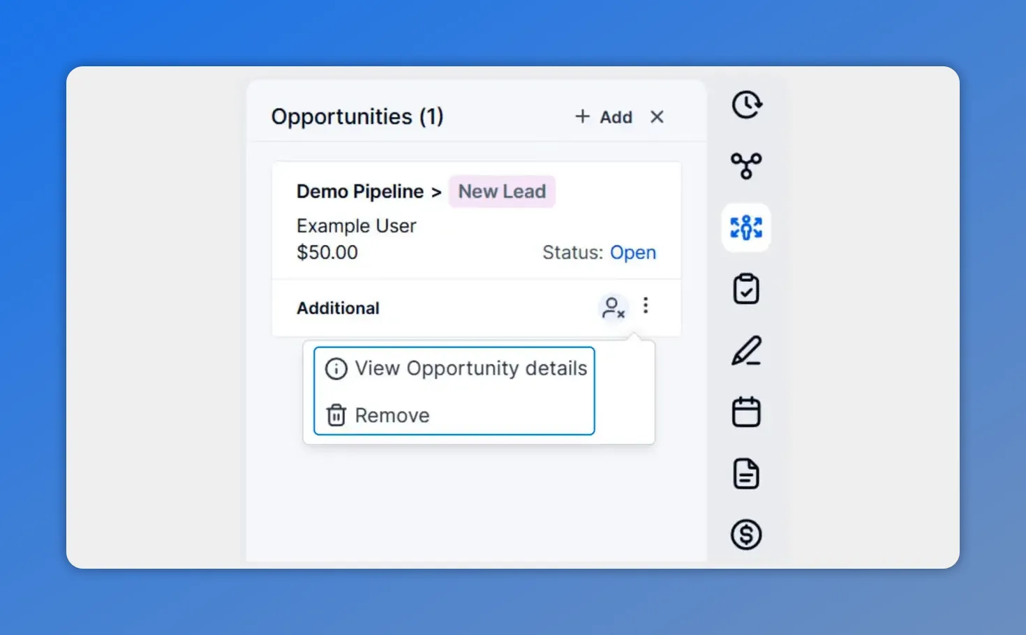 Opportunities tab card menu open with options to view opportunity details or remove