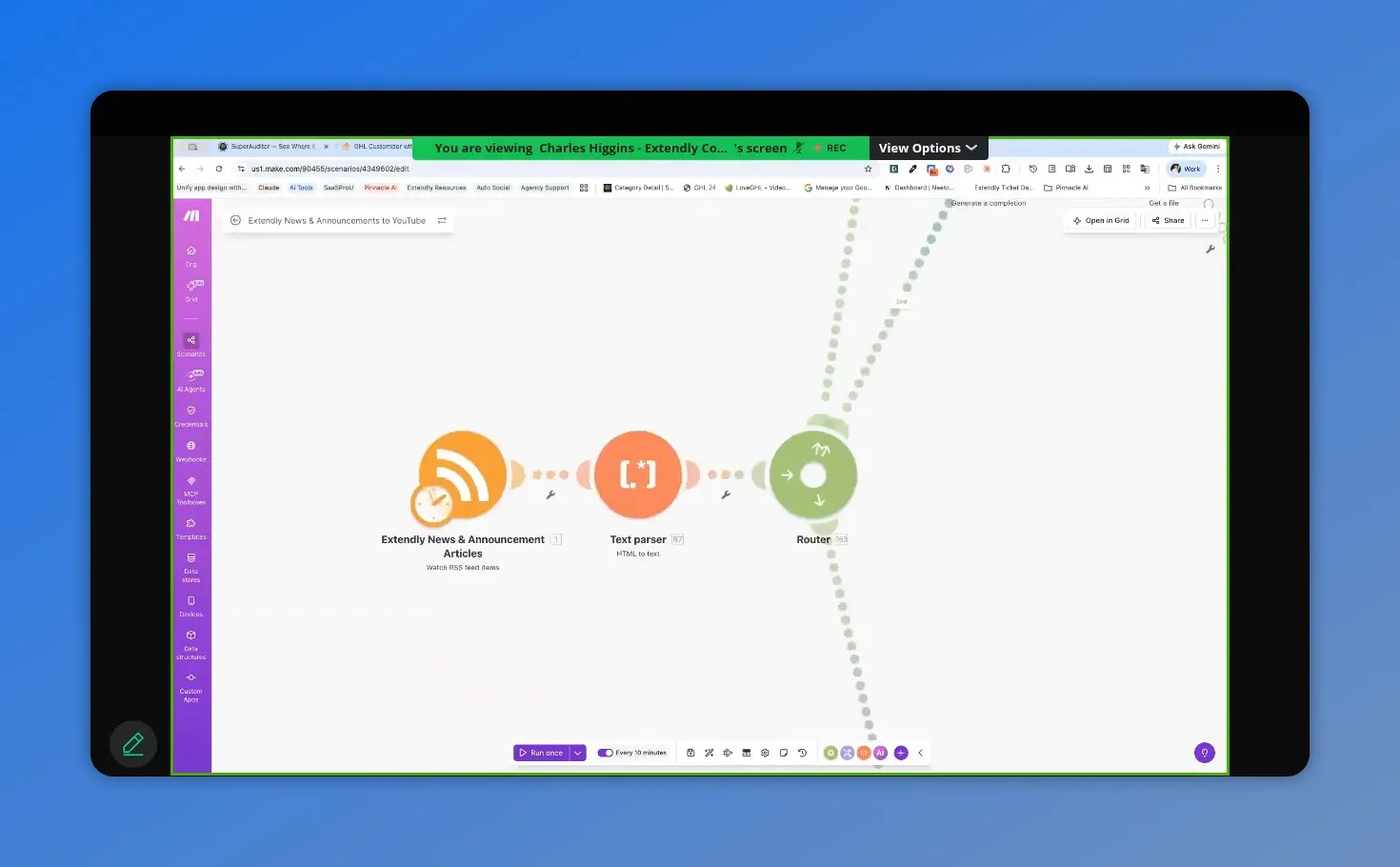 Make scenario connecting RSS feed items to a text parser step