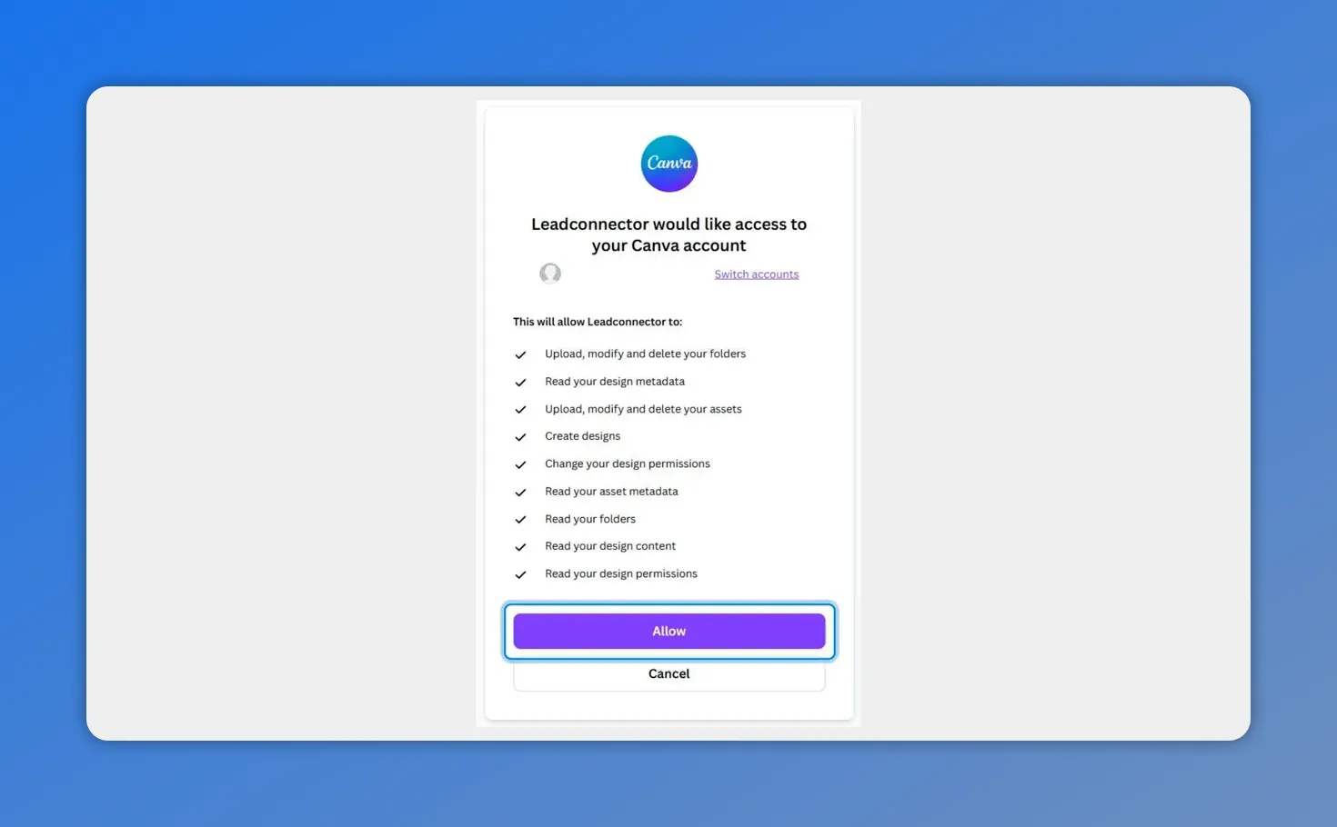 Canva authorization dialog listing requested permissions with a highlighted 'Allow' button