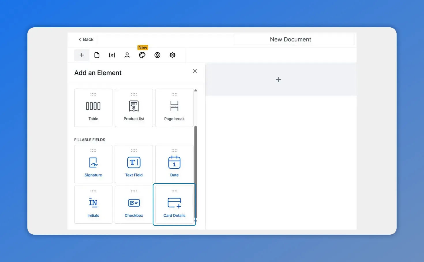 Card Details element highlighted in the Add an Element panel in Pinnacle Documents & Contracts