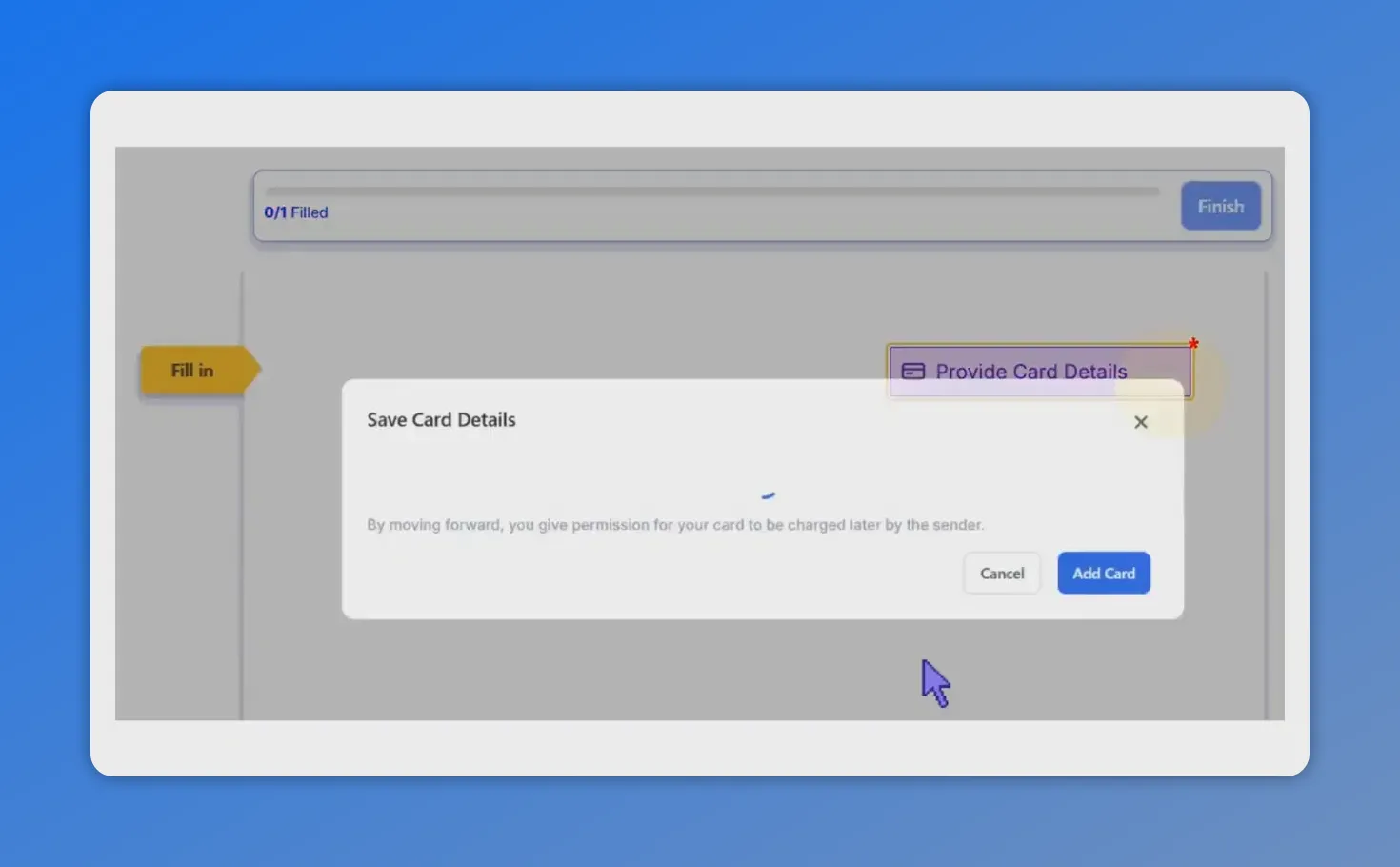 Signer-facing pop-up to provide and save card details during document signing