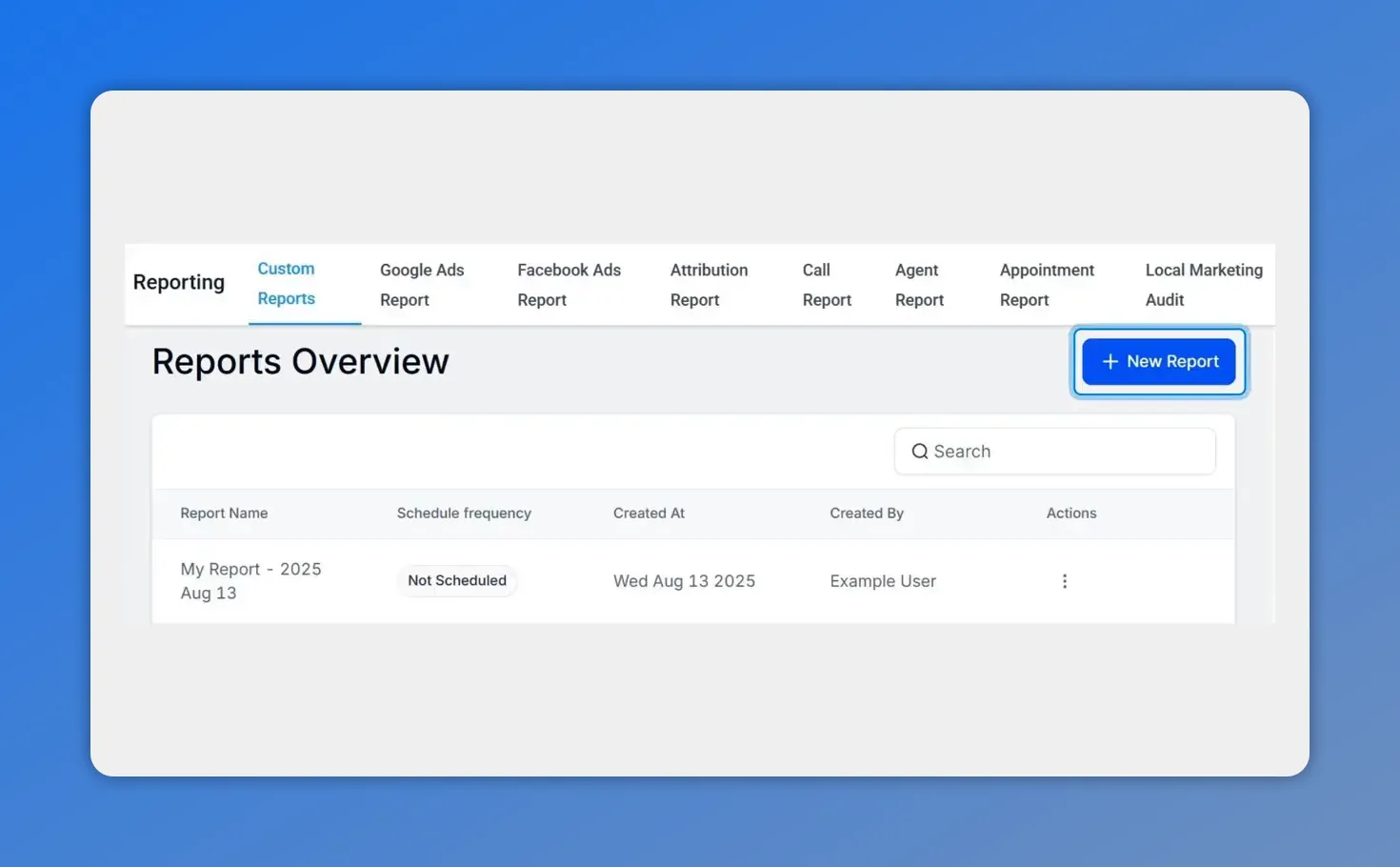 Reports Overview page showing a '+ New Report' button in the top-right of the Custom Reports screen.