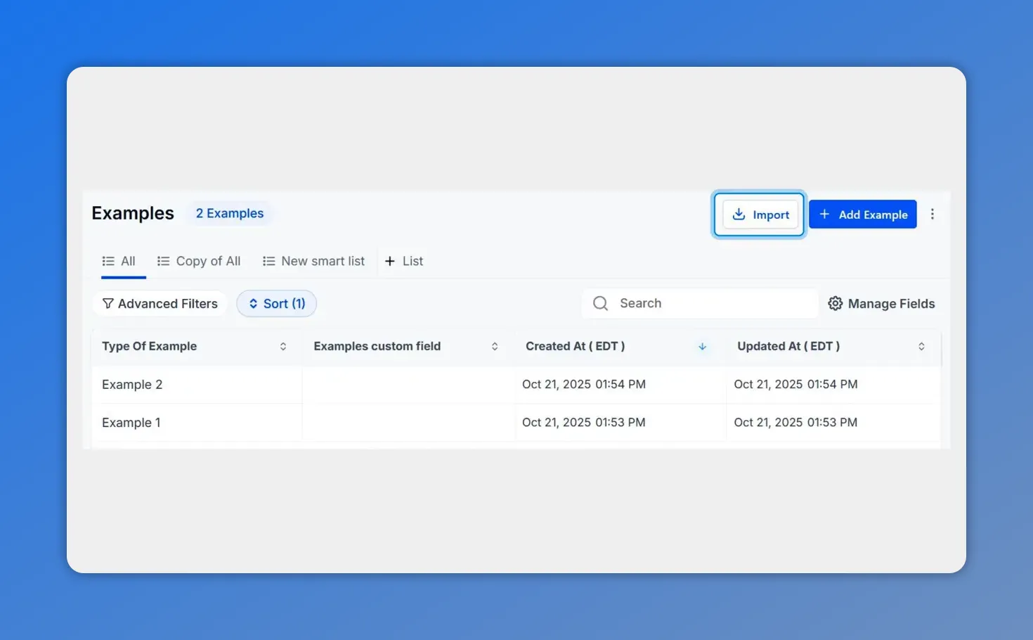 Custom Objects examples table with the Import button highlighted in the top-right