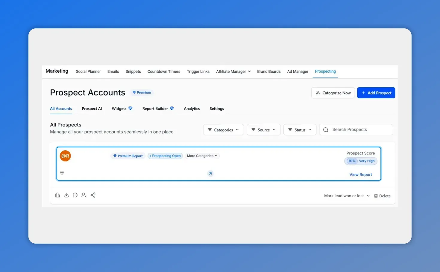 Prospect Accounts page showing a highlighted prospect entry with a 'View Report' link and prospect score