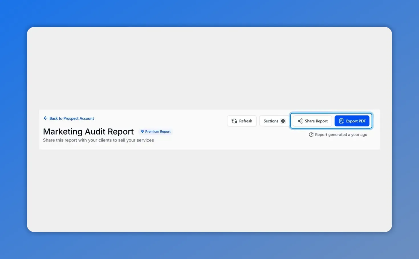 Marketing Audit Report header with Share Report and Export PDF buttons highlighted