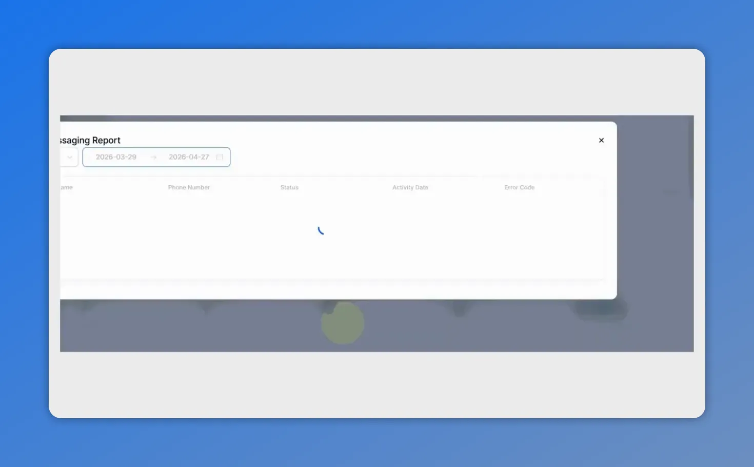 Messaging Analytics details/reporting modal loading message records with columns for phone number, status, activity date, and error code
