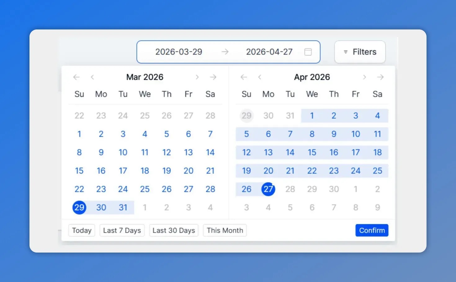 Messaging Analytics date range calendar picker with start and end dates