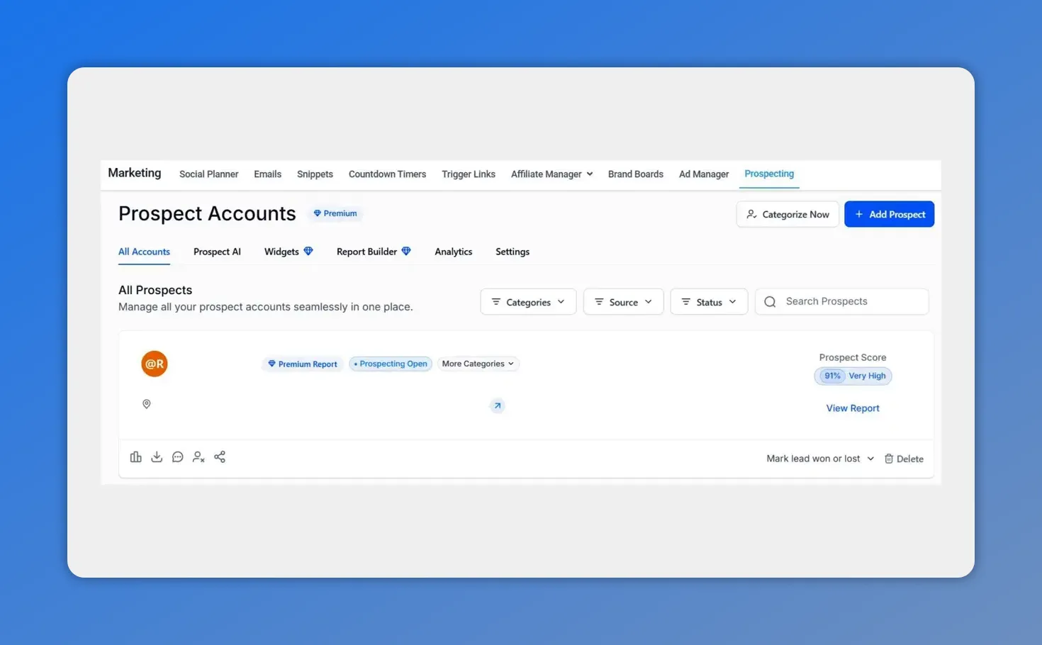 Prospect Accounts / Prospecting dashboard showing a prospect entry with prospect score and 'View Report' option.
