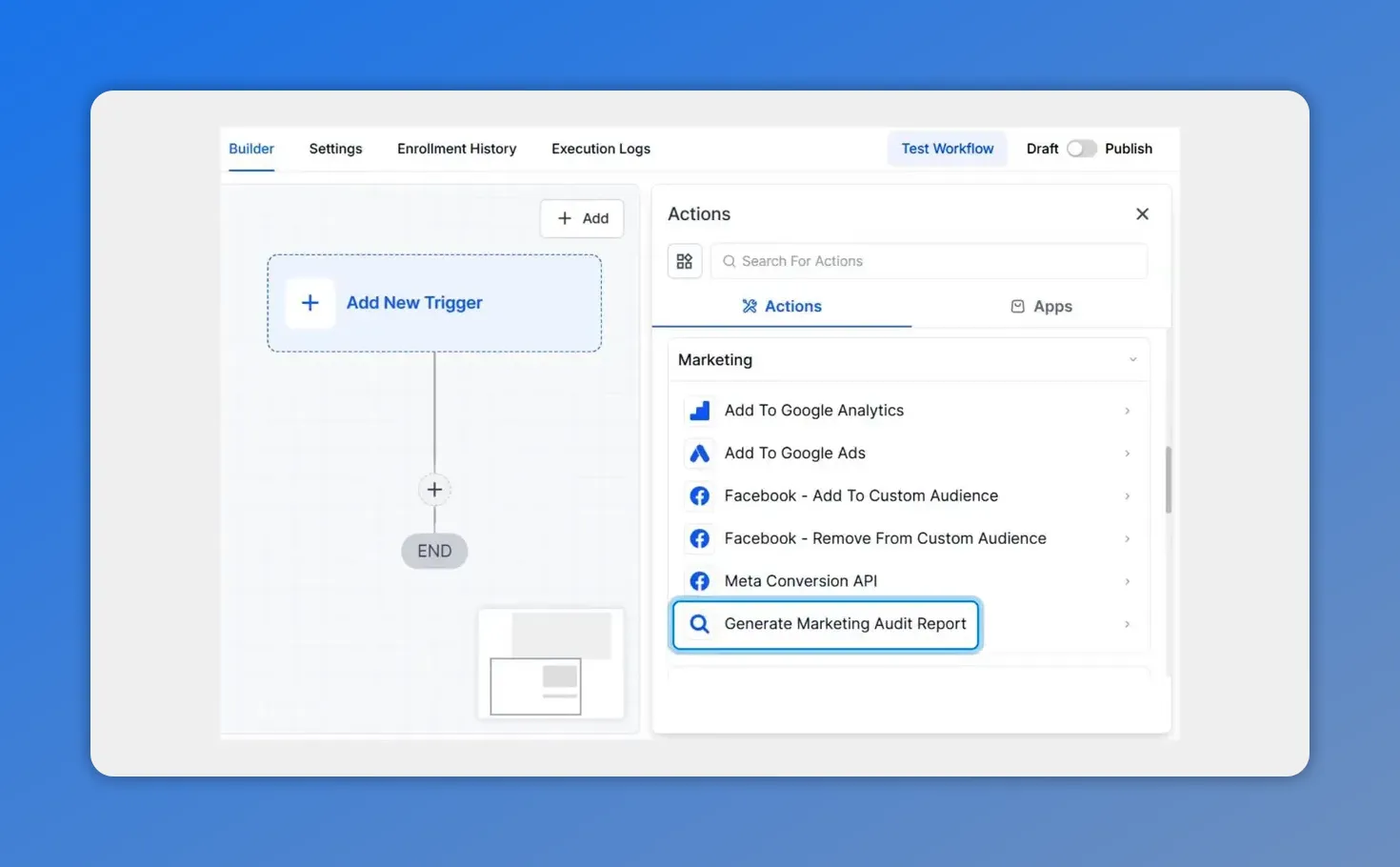 Workflow Actions panel with 'Generate Marketing Audit Report' highlighted under Marketing actions.