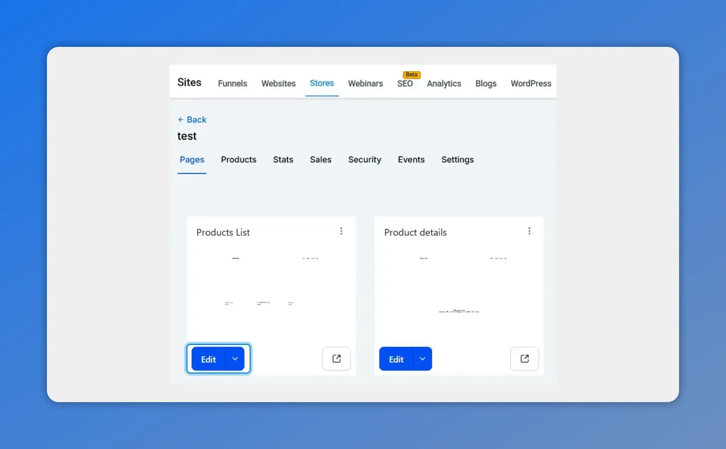 Store dashboard showing 'Products List' and 'Product details' cards with an Edit button on the Products List card
