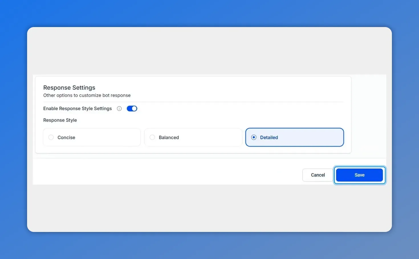 Response Style settings showing 'Detailed' selected and the Save button highlighted in the bottom-right.