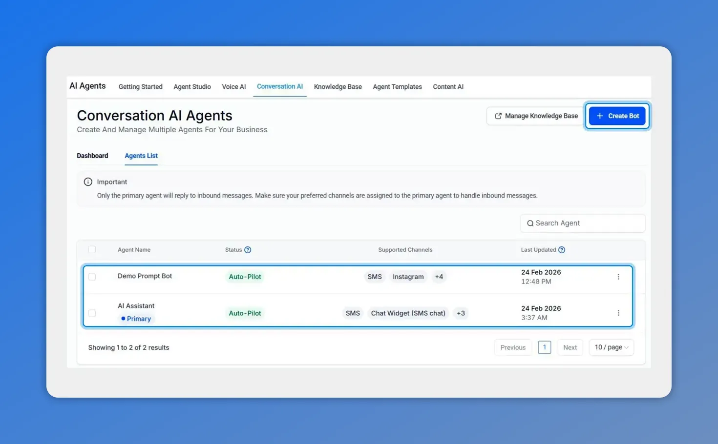 Conversation AI Agents dashboard showing an agents list with a highlighted Create Bot button