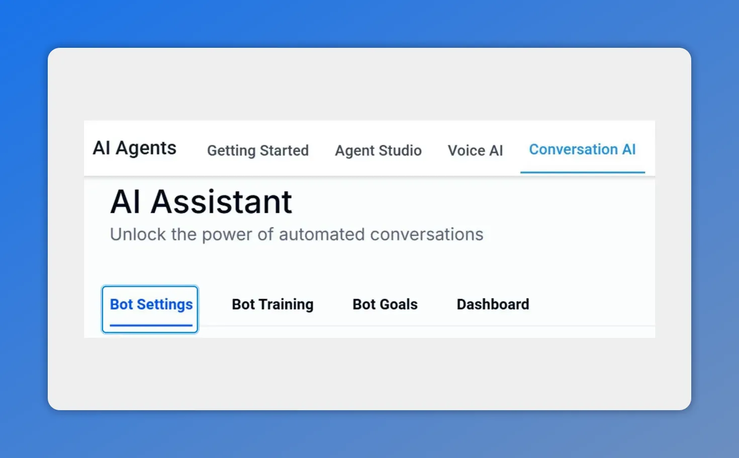 AI Assistant page with Bot Settings tab highlighted under Conversation AI