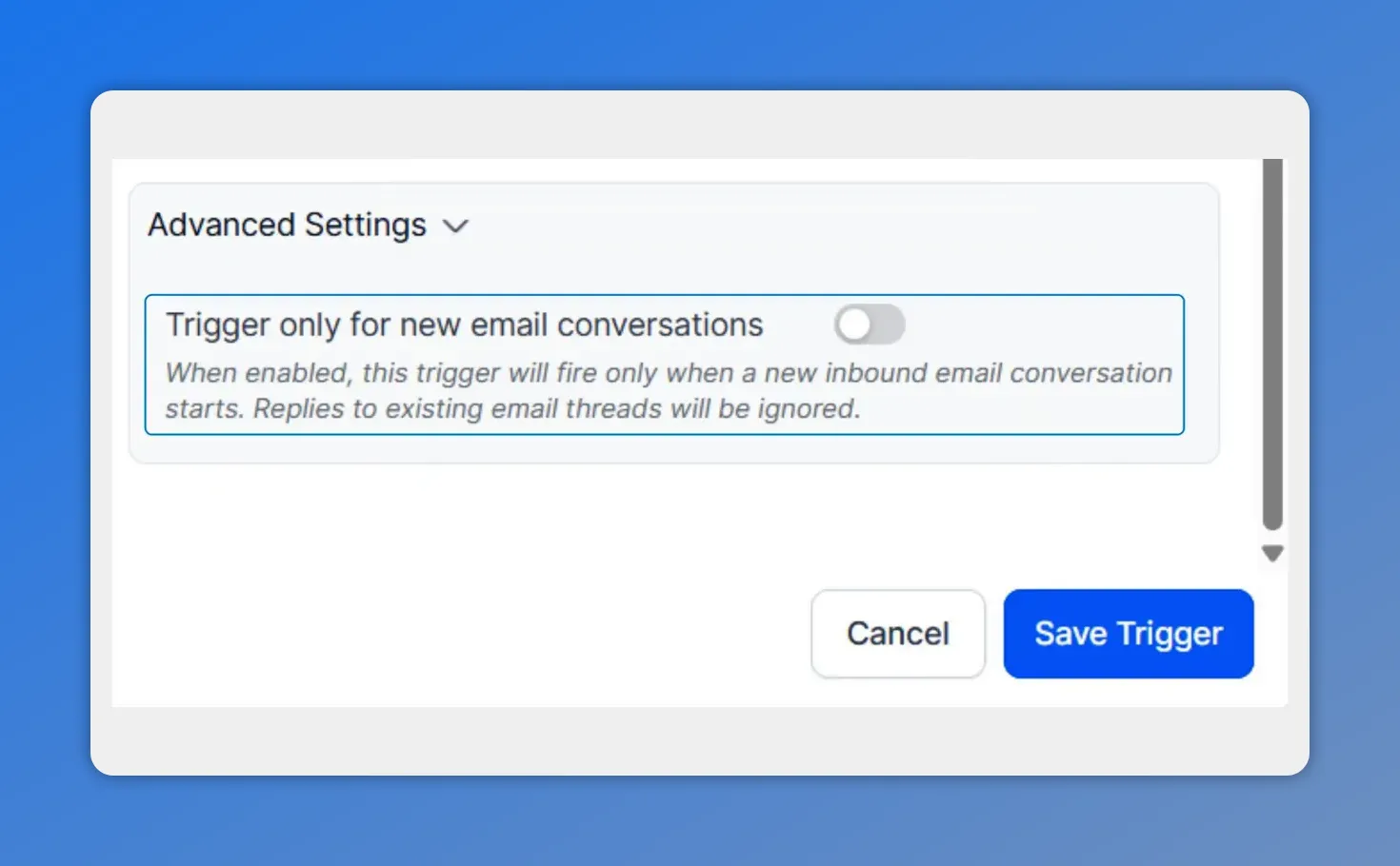 Advanced Settings toggle for “Trigger only for new email conversations” in the inbound email workflow