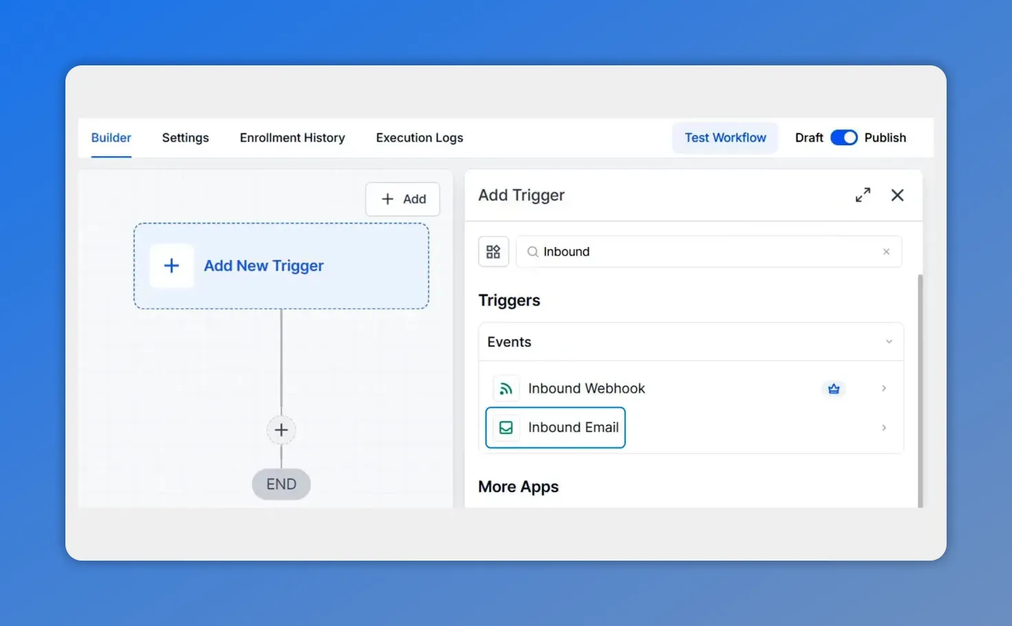 Add Trigger panel with Inbound Email selected in an automation workflow builder