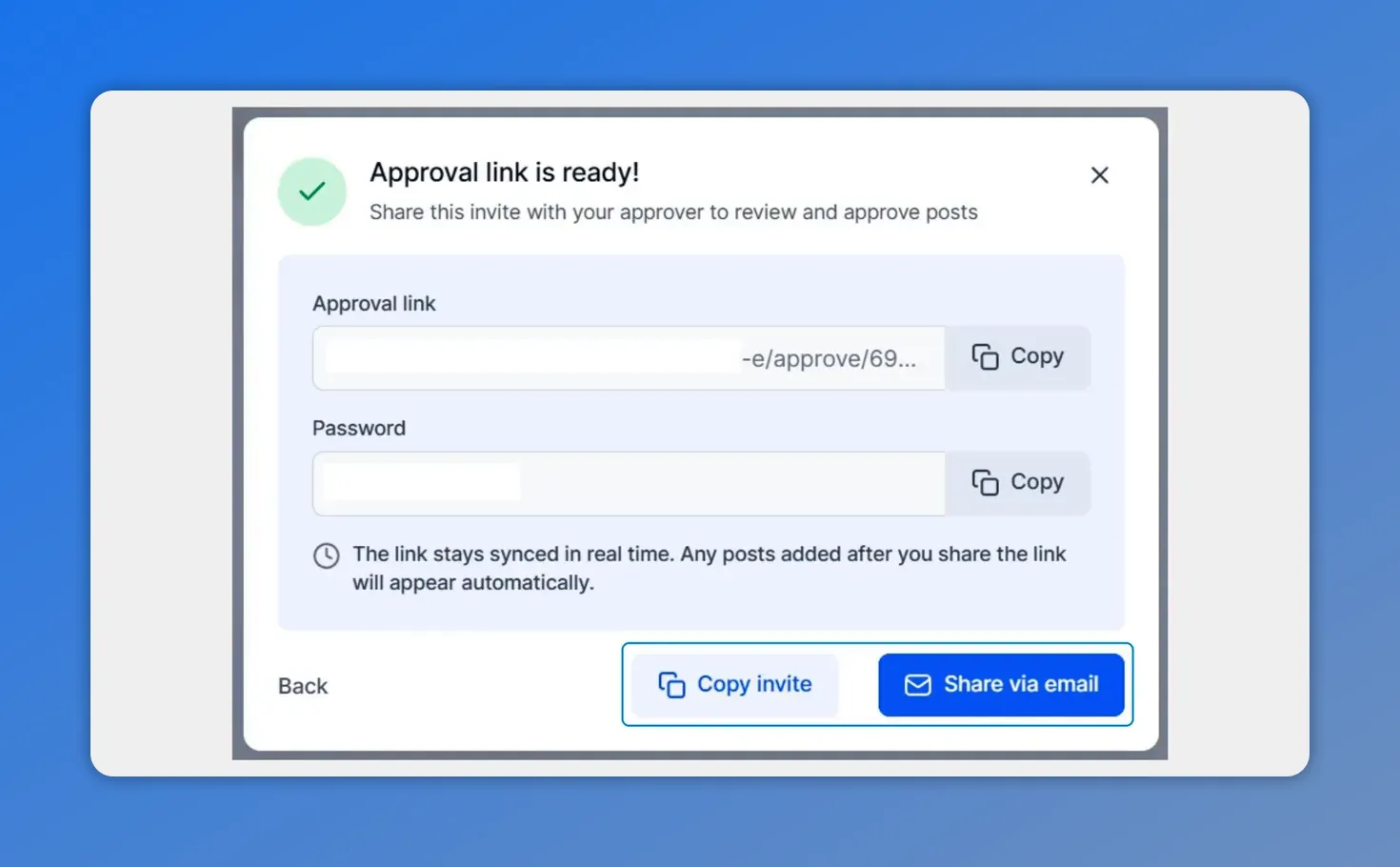 Approval link is ready screen with approval invite link and password fields