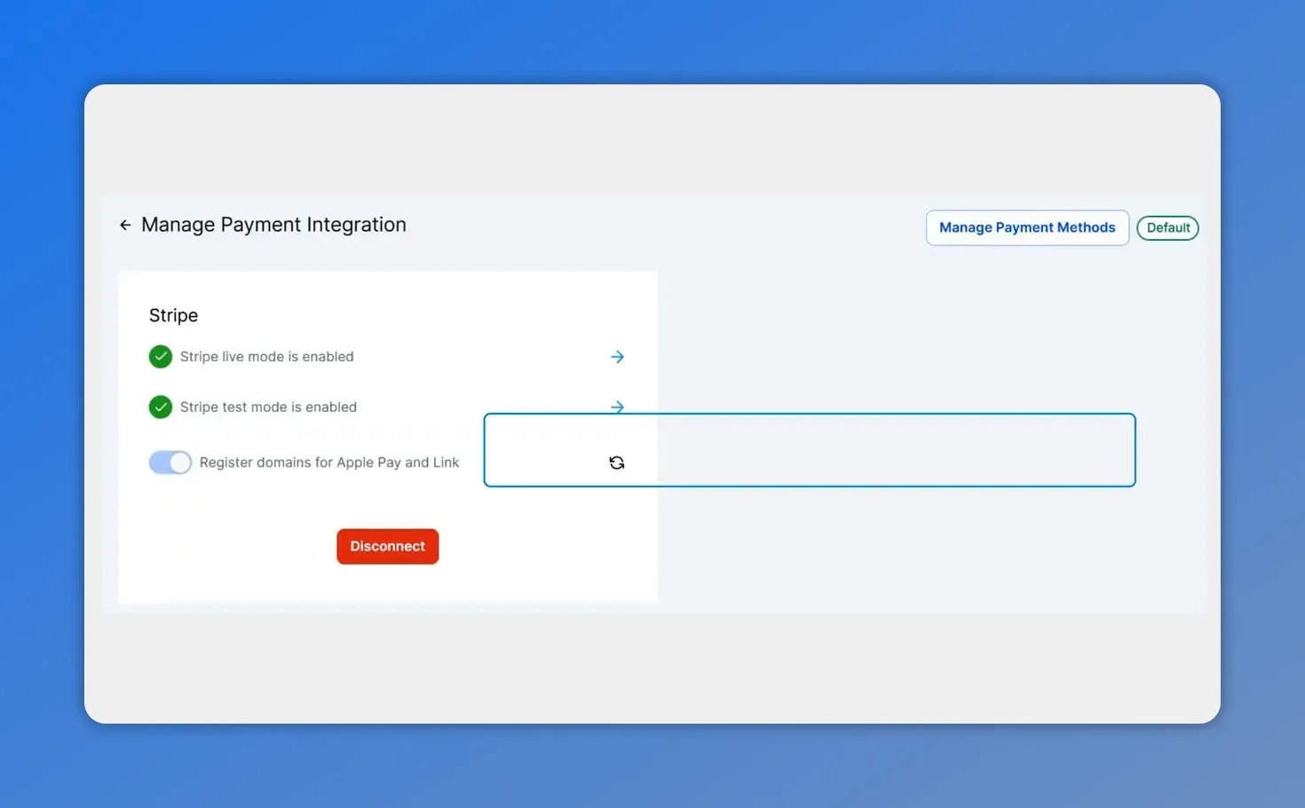 Pinnacle manage payment integration screen showing Stripe live and test mode enabled