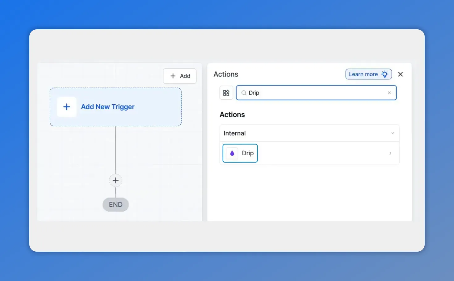 Pinnacle workflow builder showing the Drip Action selected in Actions
