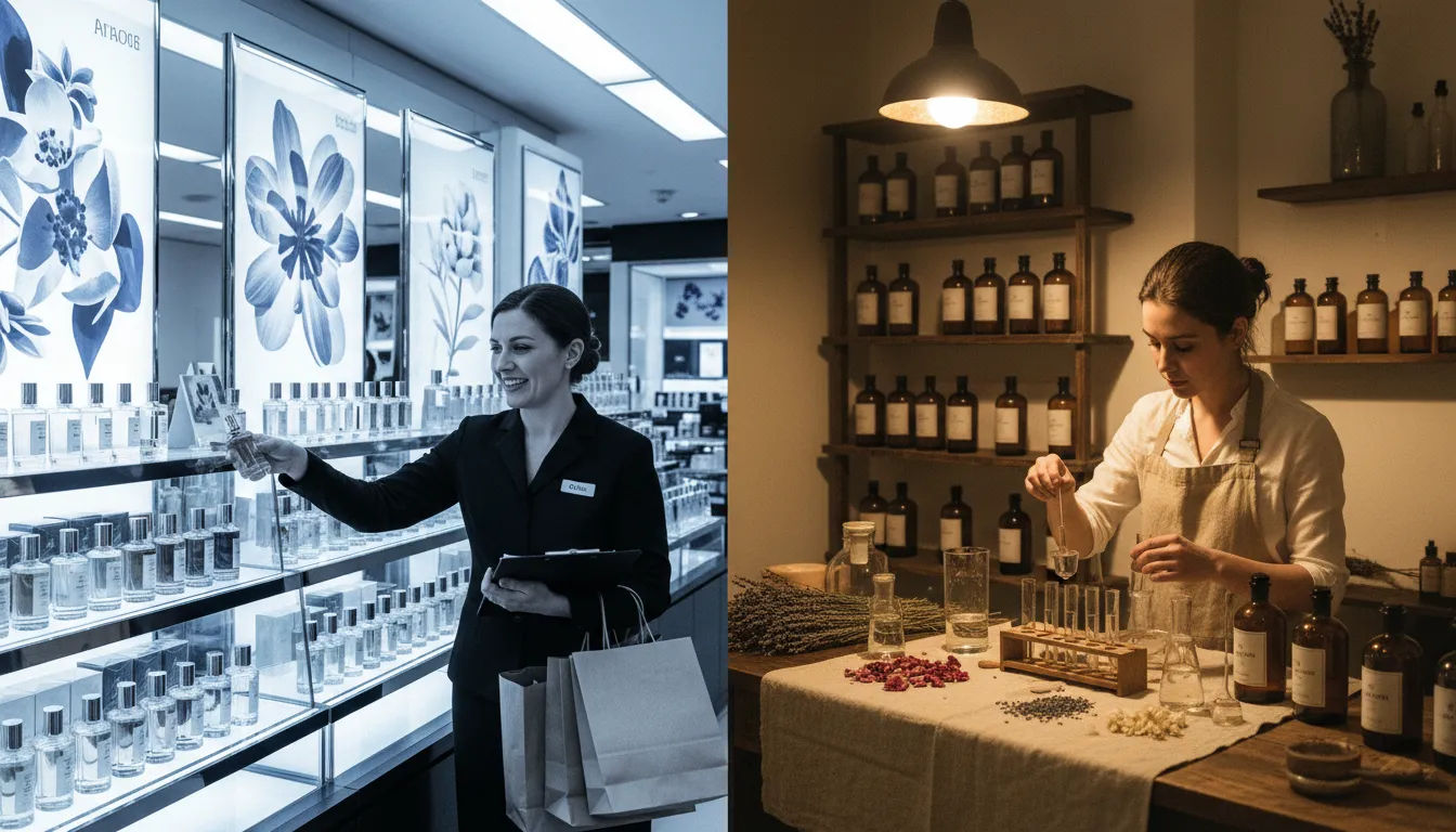 Diptych contrasting a harsh, overlit department-store perfume counter with a warm, intimate independent perfumery boutique.