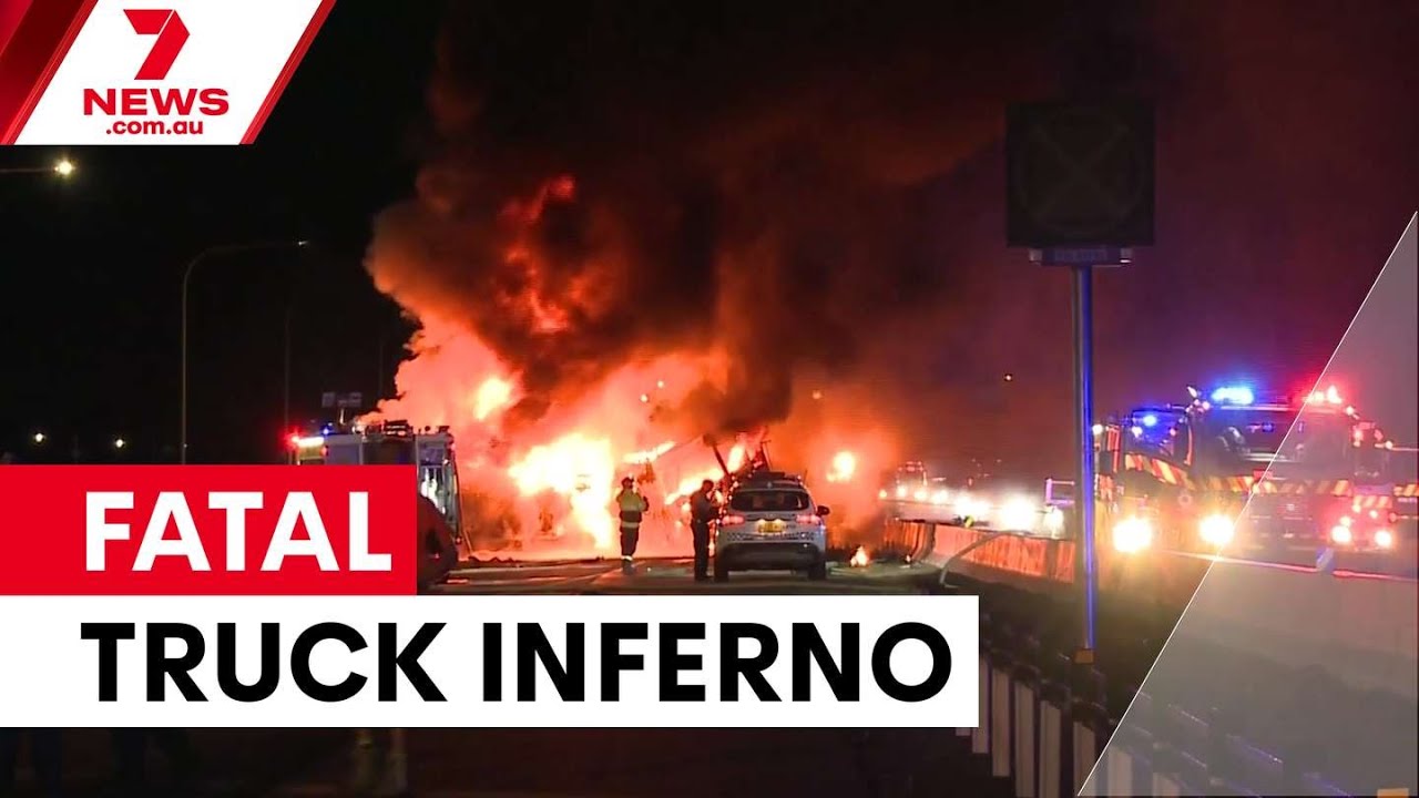 video thumbnail for 'Driver killed in fiery M7 motorway truck crash | 7NEWS'