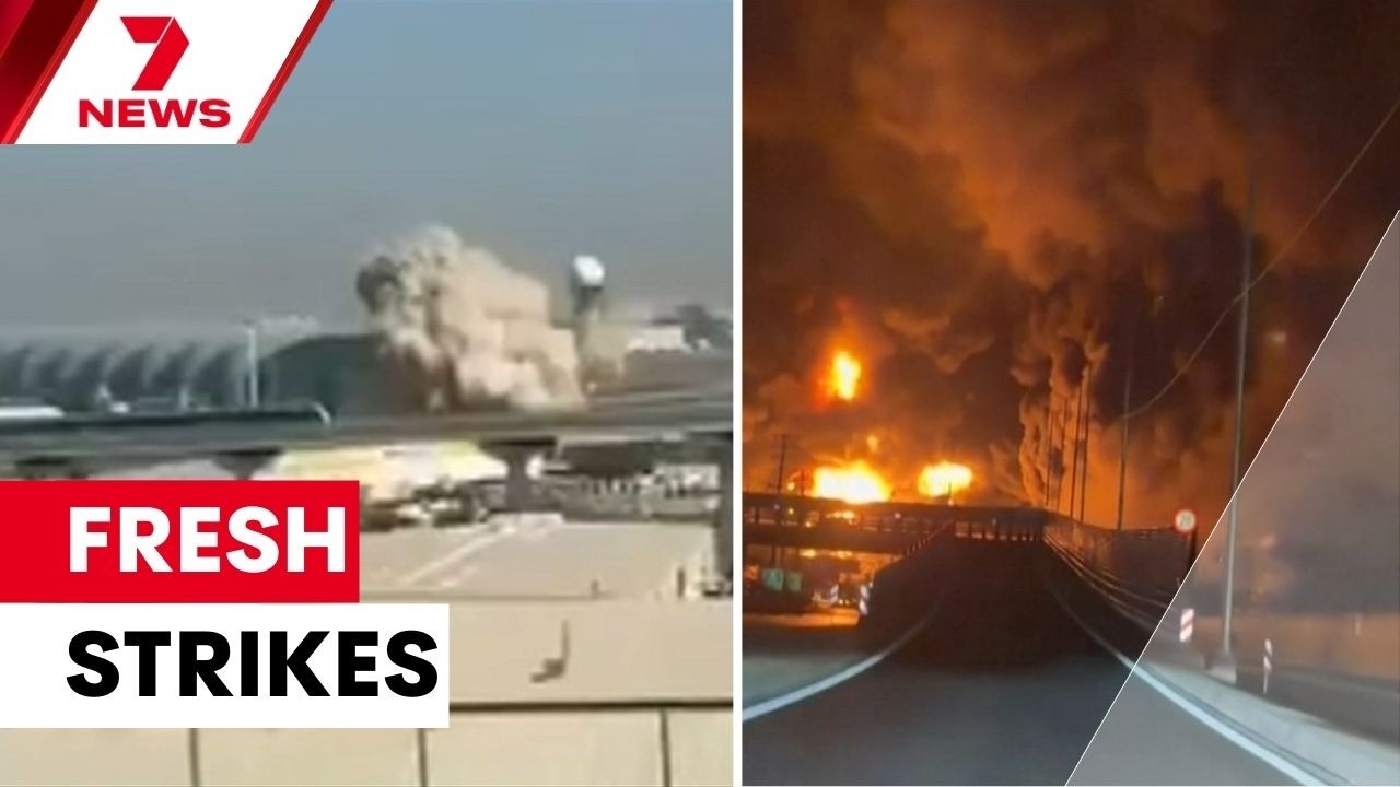 video thumbnail for 'Dubai airport bombed as the war moves to an explosive new phase | 7NEWS'