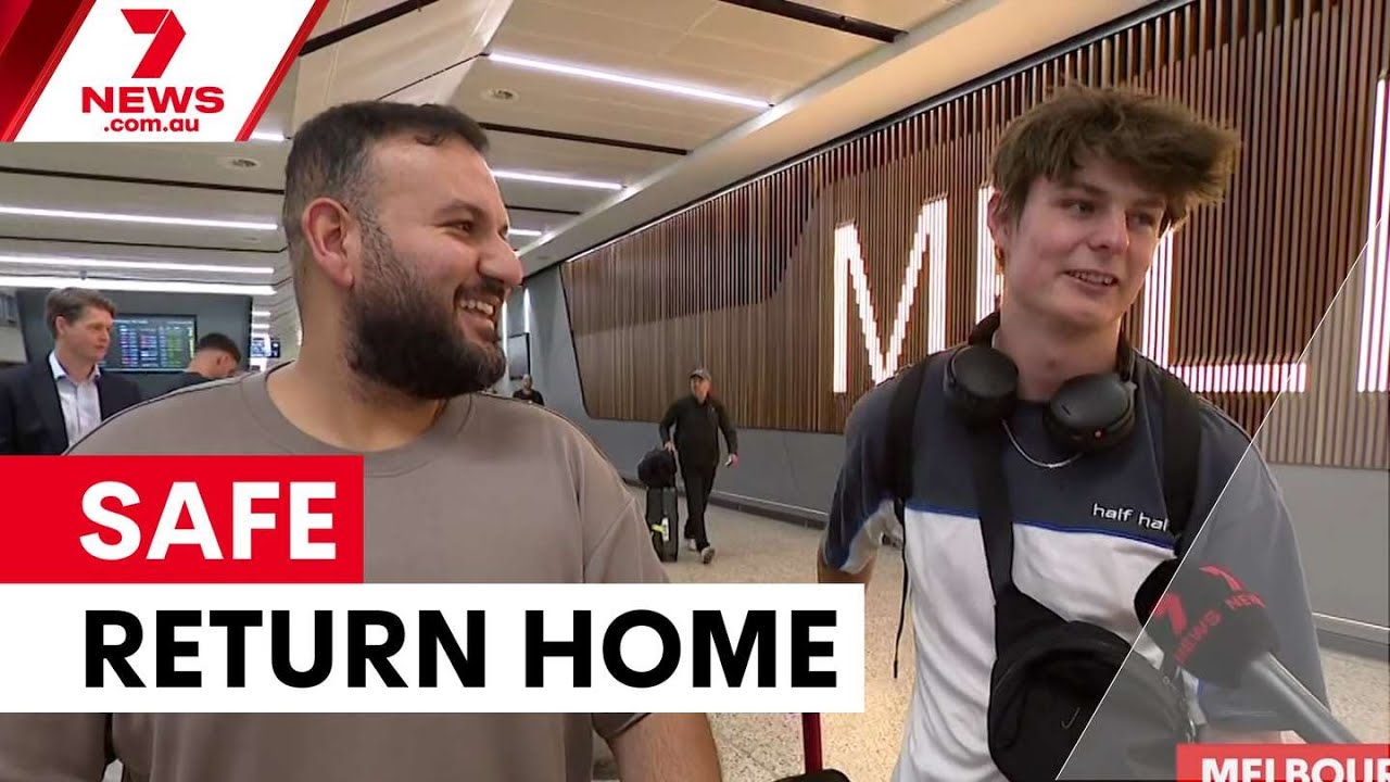 video thumbnail for 'Stranded Australians arrive home from Dubai war zone | 7NEWS'
